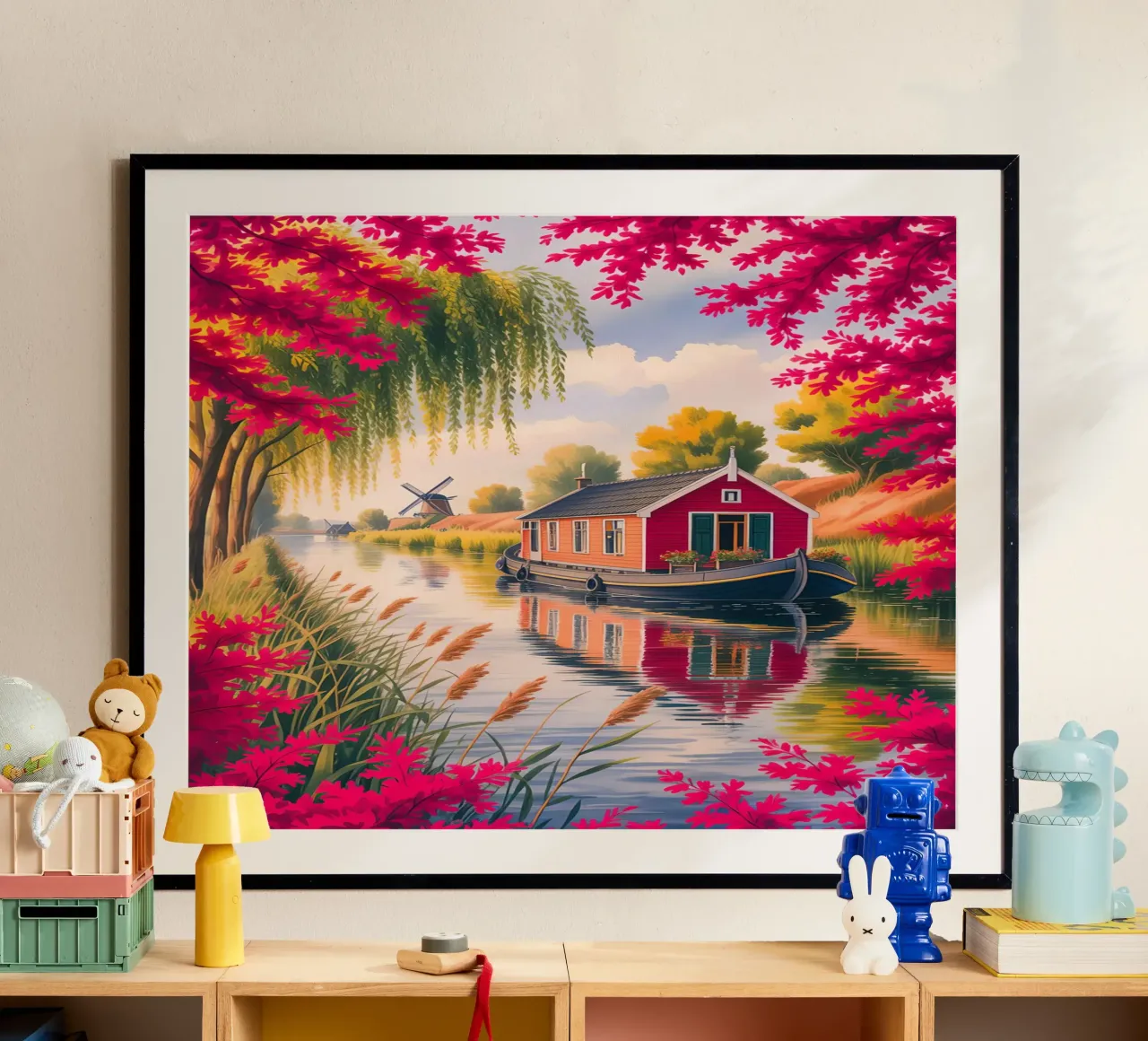House On The Lake With Garden Flower poster con telaio in legno da Jeff Studio