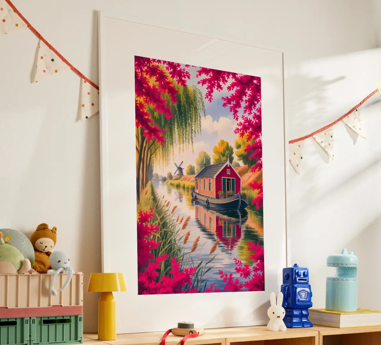 House On The Lake With Garden Flower poster con telaio in legno da Jeff Studio