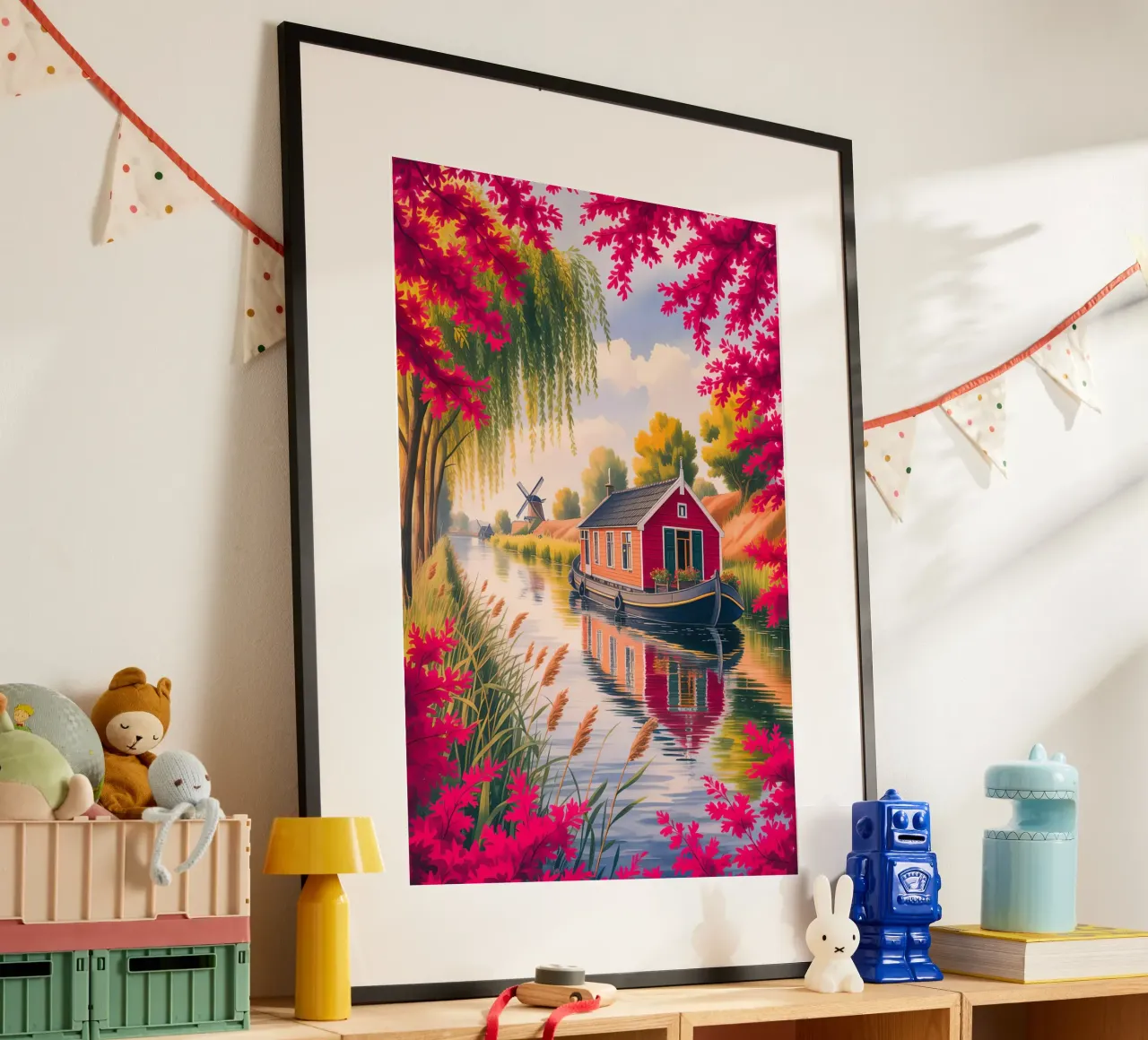 House On The Lake With Garden Flower poster con telaio in legno da Jeff Studio