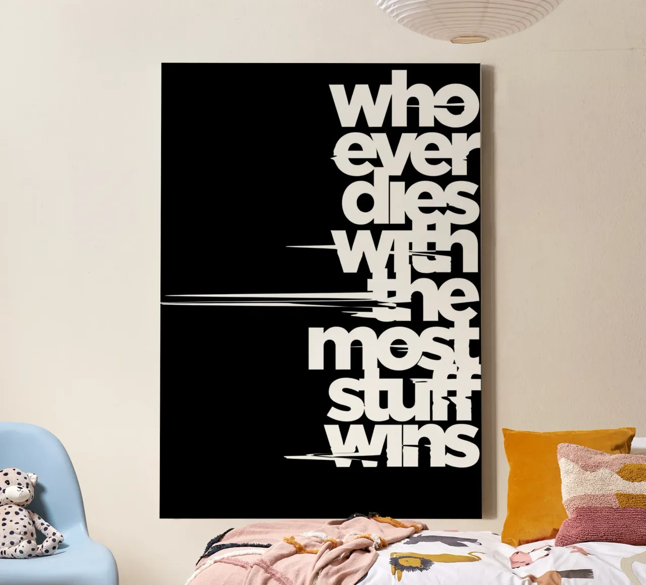 "Whoeve dies with the most stuff wins." tela con Cornice a cassetta da Type & Tape