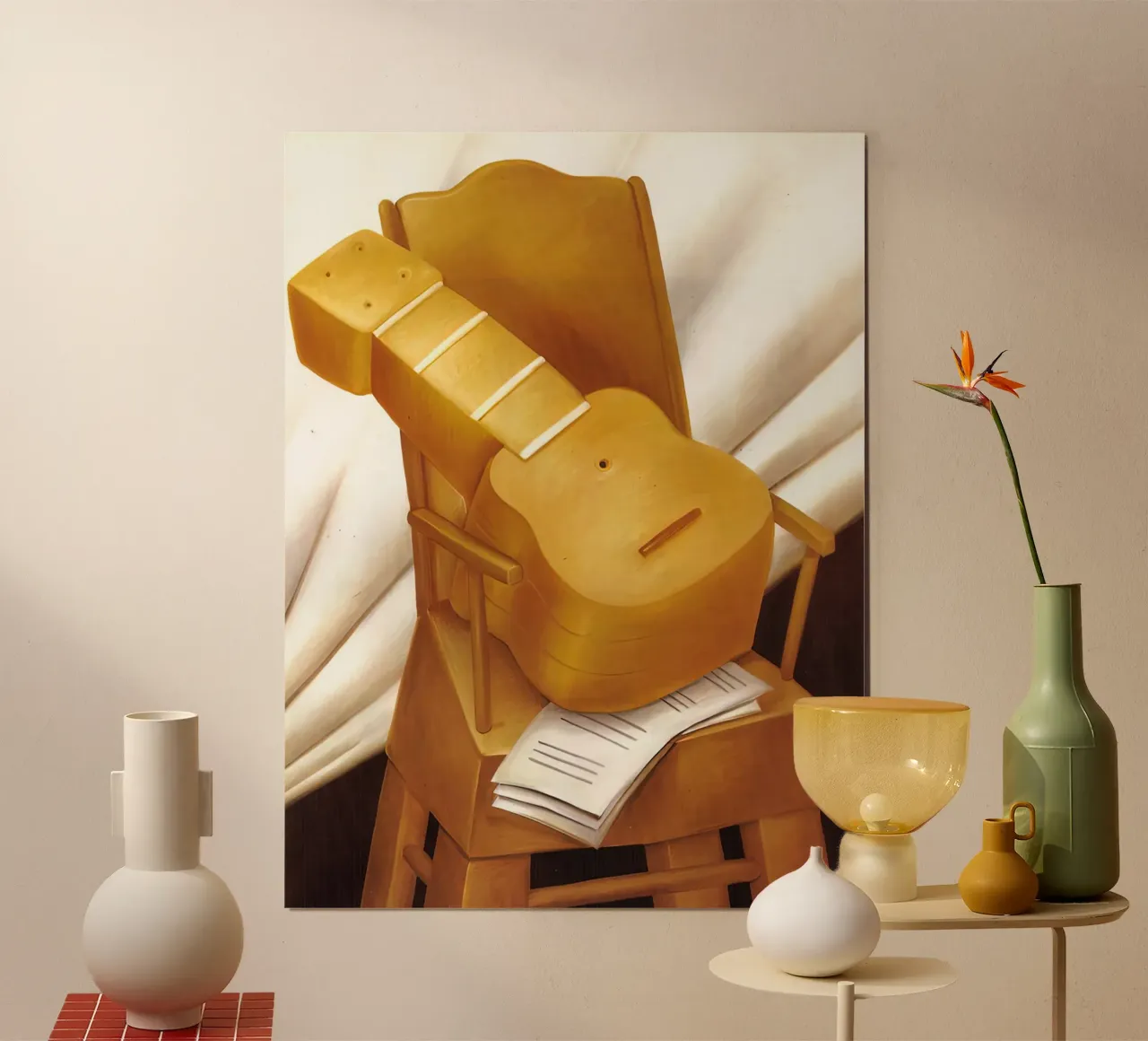 1983, Chitarra e sedia F Botero poster con telaio in alluminio da mix mate