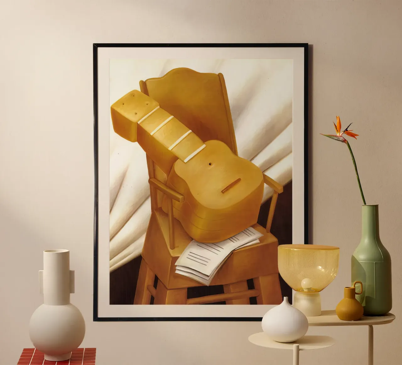 1983, Chitarra e sedia F Botero poster con telaio in alluminio da mix mate