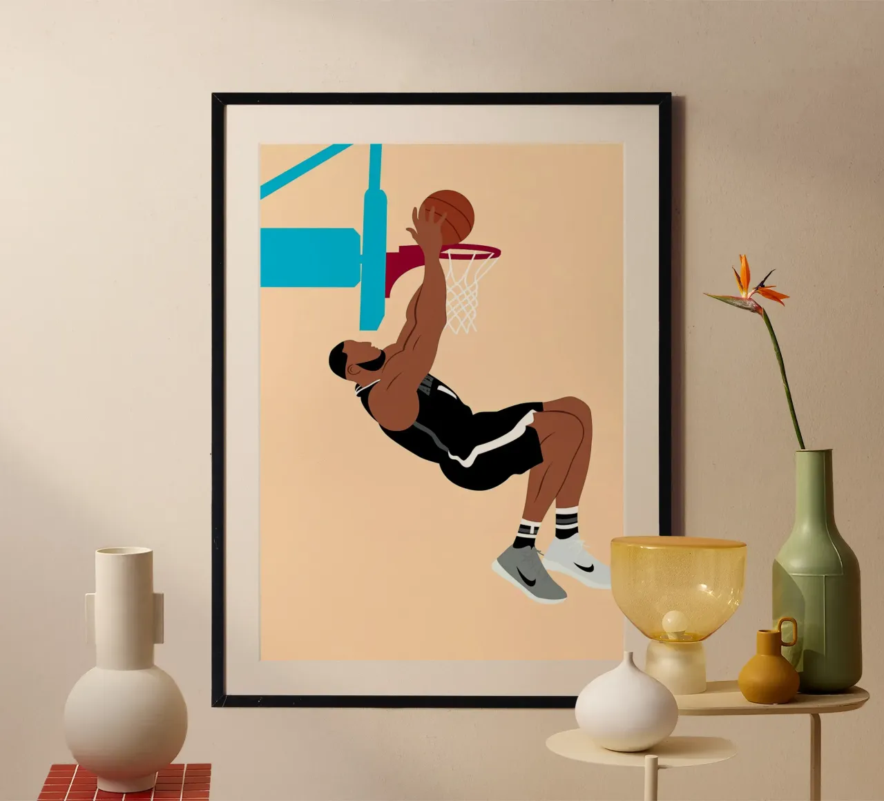 Giocatore di pallacanestro che fa il dungeon Illustrazione poster con telaio in alluminio da Fleur de Lys