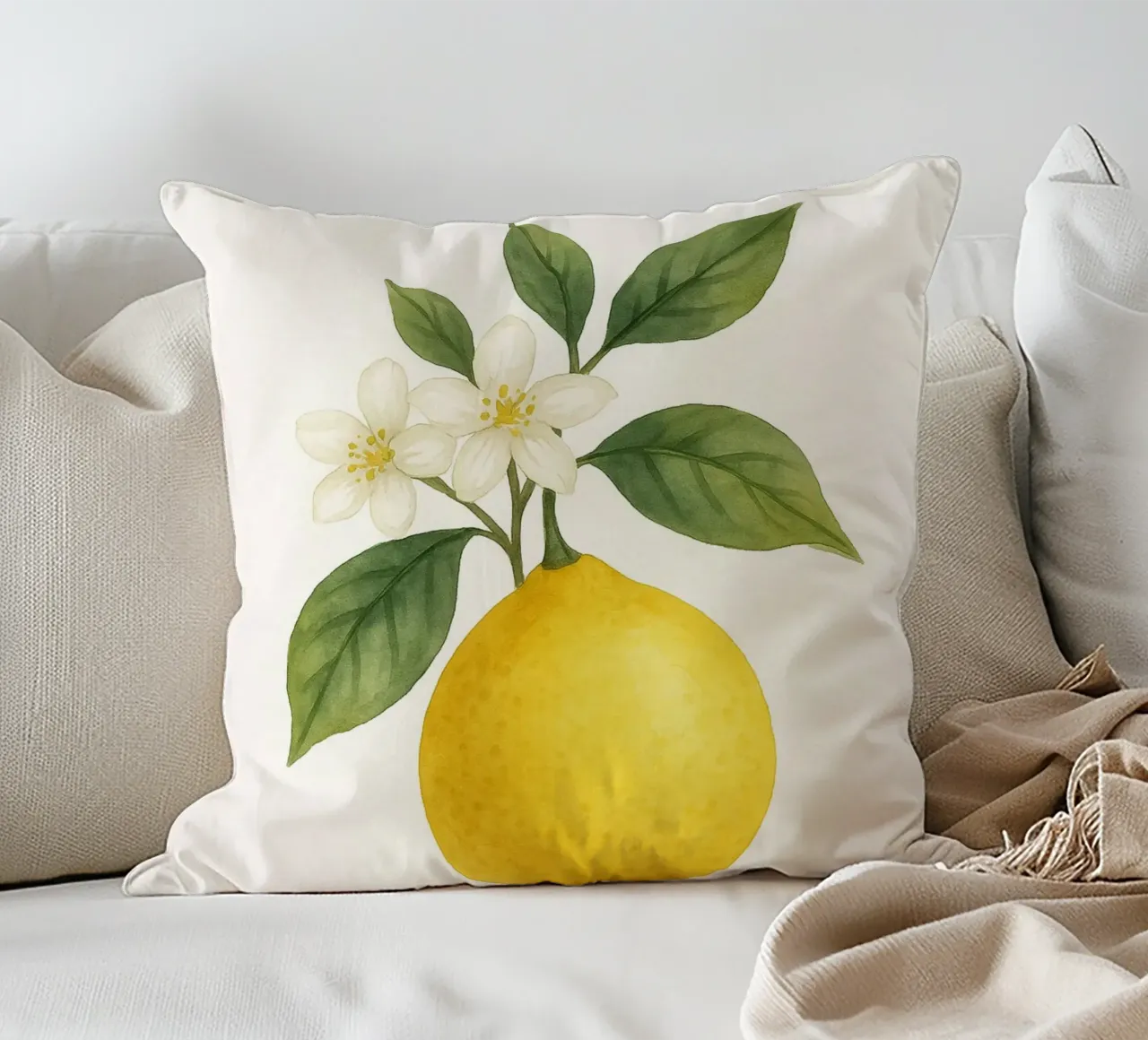 Acquerello sui fiori di limone - Design fresco ed estivo cuscino da Casa Calm