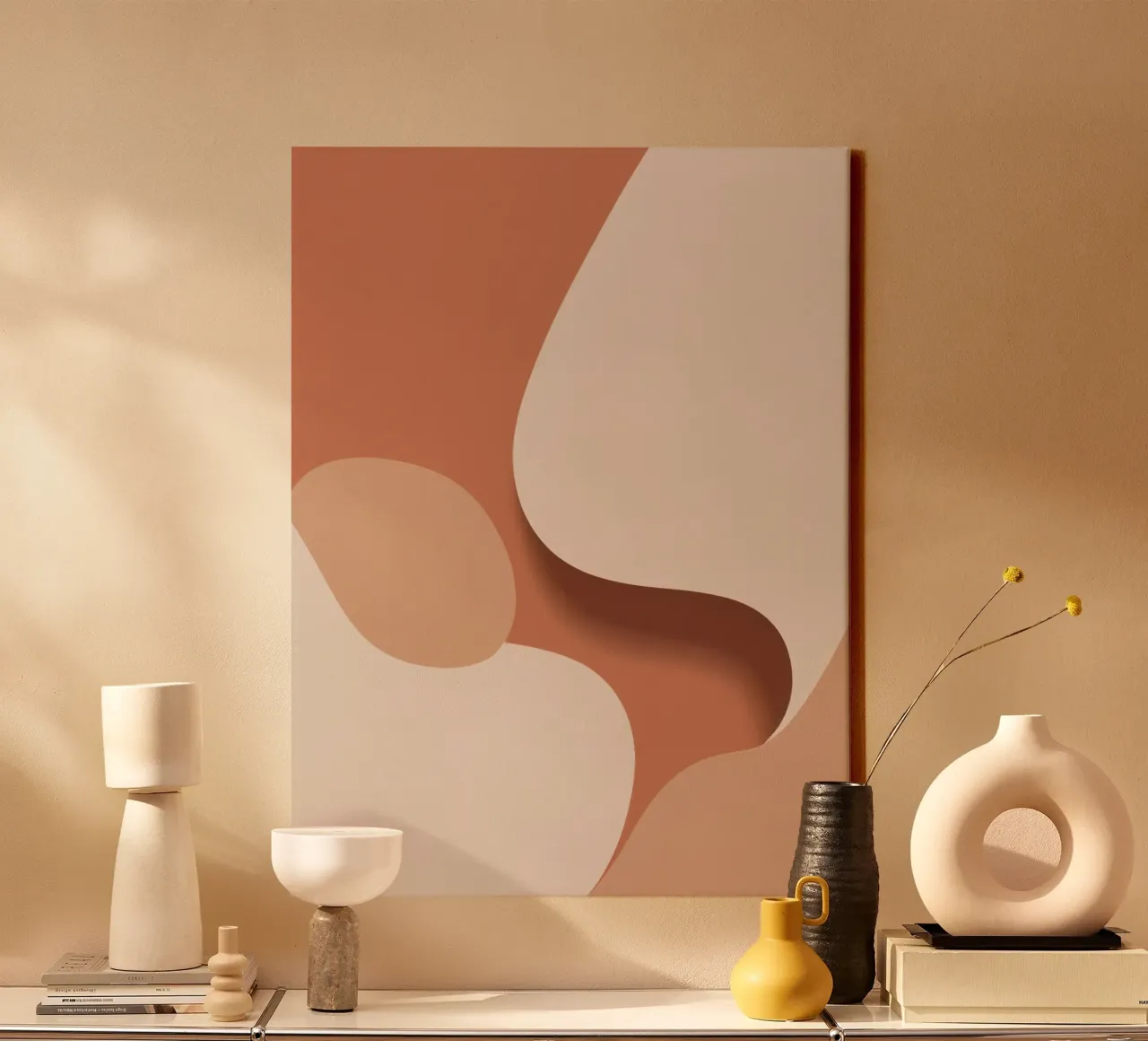 Abstract Beige and Brown Layered Shapes canvas with Floater frame by DesignDoodle
