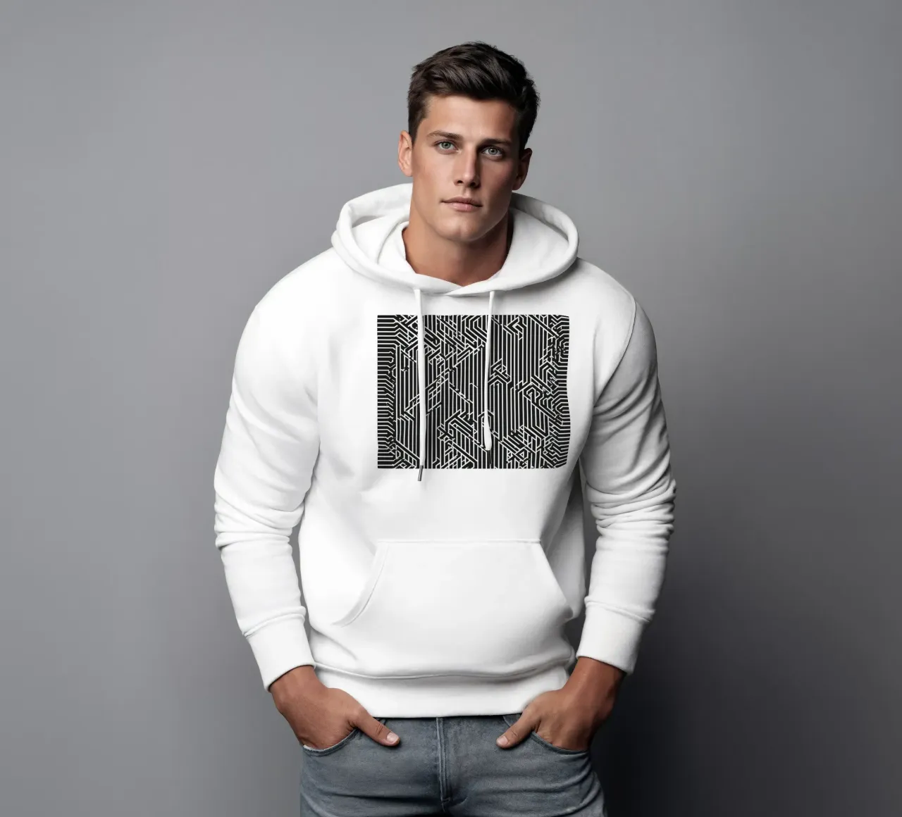 Modello geometrico astratto di linee in bianco e nero felpa con cappuccio da DesignDoodle