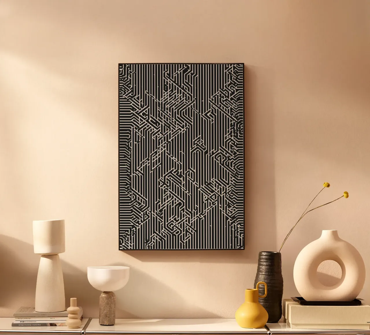 Modello geometrico astratto di linee in bianco e nero alluminio dibond da DesignDoodle