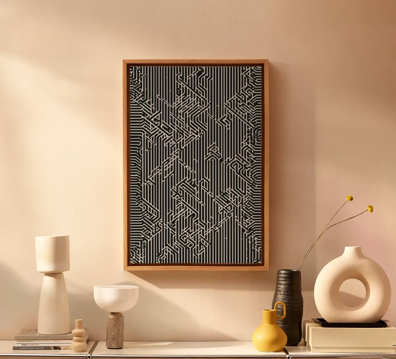 Abstract Black and White Geometric Line Pattern canvas with Floater frame by DesignDoodle