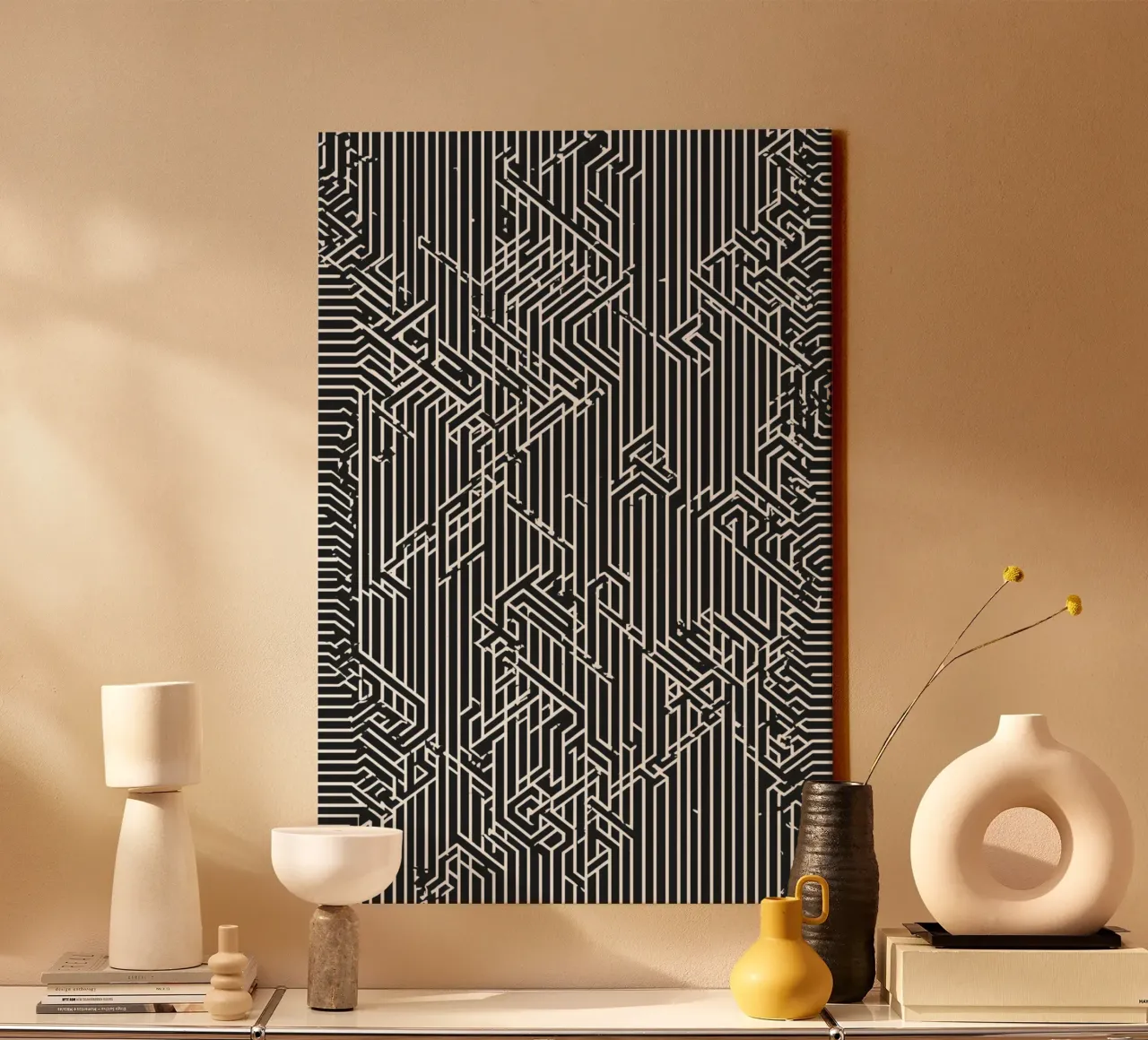 Abstract Black and White Geometric Line Pattern canvas with Floater frame by DesignDoodle