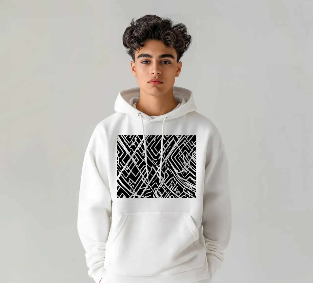 Modello astratto di linee intersecanti in bianco e nero felpa con cappuccio da DesignDoodle