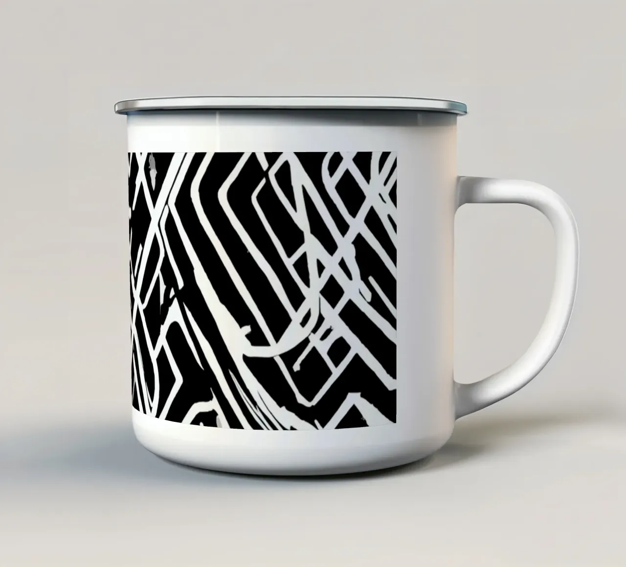 Modello astratto di linee intersecanti in bianco e nero tazza in smalto da DesignDoodle