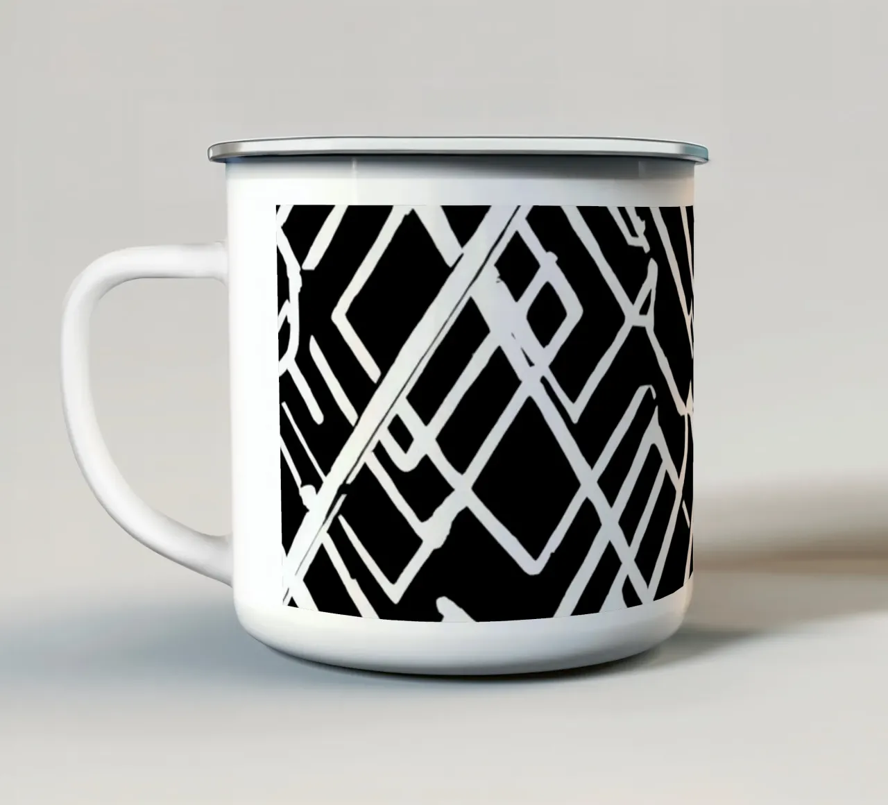 Modello astratto di linee intersecanti in bianco e nero tazza in smalto da DesignDoodle
