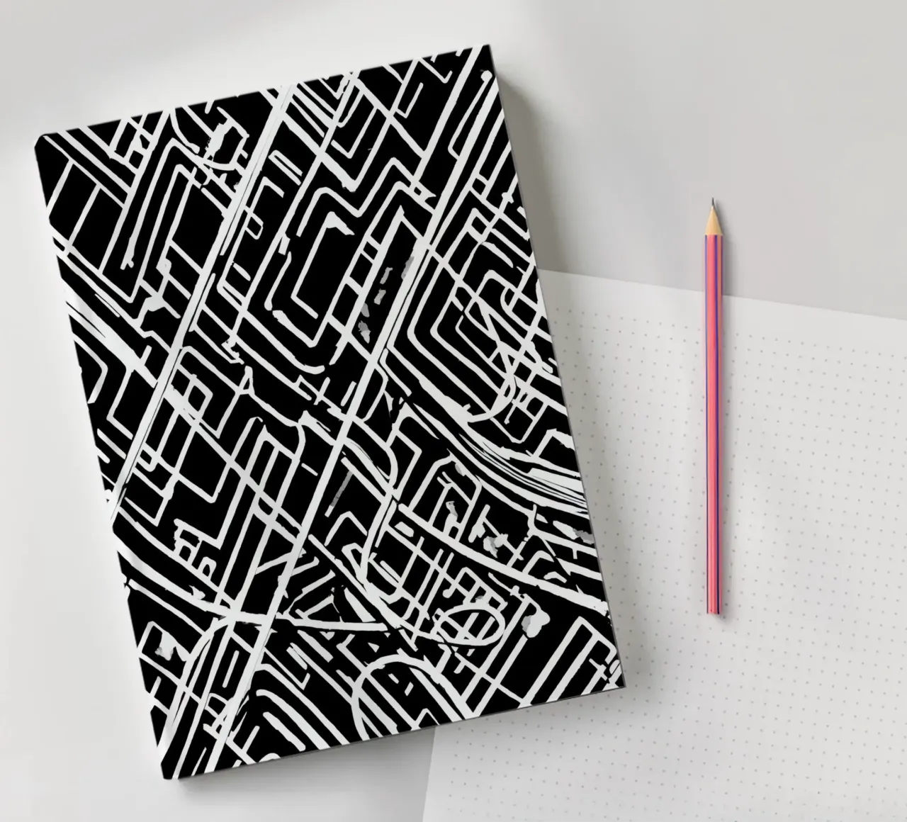 Abstract Black and White Intersecting Line Pattern notebook by DesignDoodle