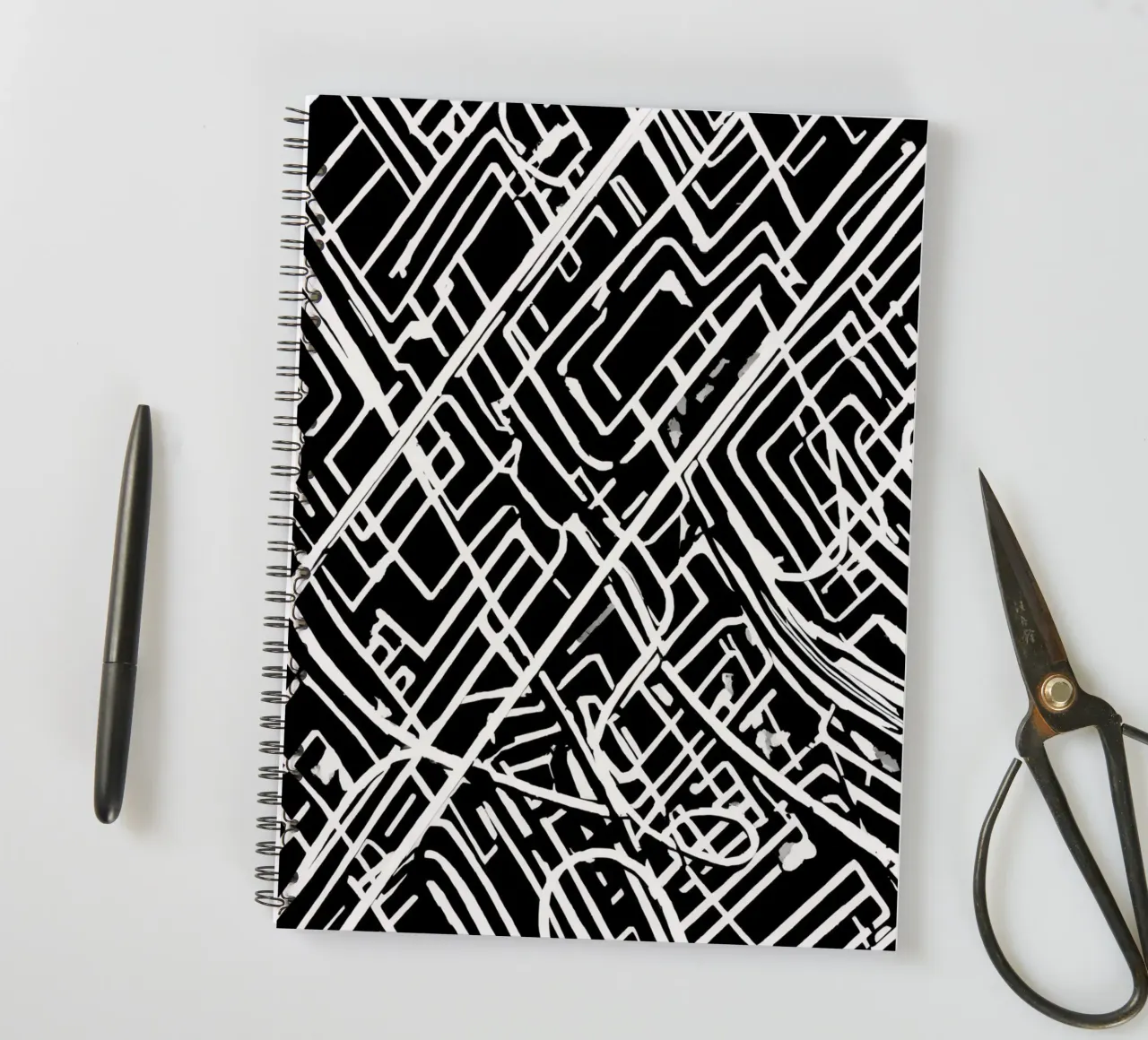 Abstract Black and White Intersecting Line Pattern spiral notebook by DesignDoodle
