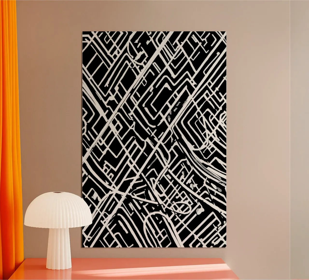 Modello astratto di linee intersecanti in bianco e nero poster con telaio in alluminio da DesignDoodle