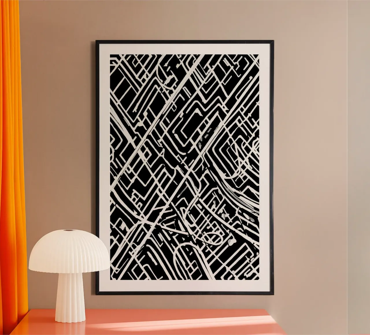 Modello astratto di linee intersecanti in bianco e nero poster con telaio in alluminio da DesignDoodle