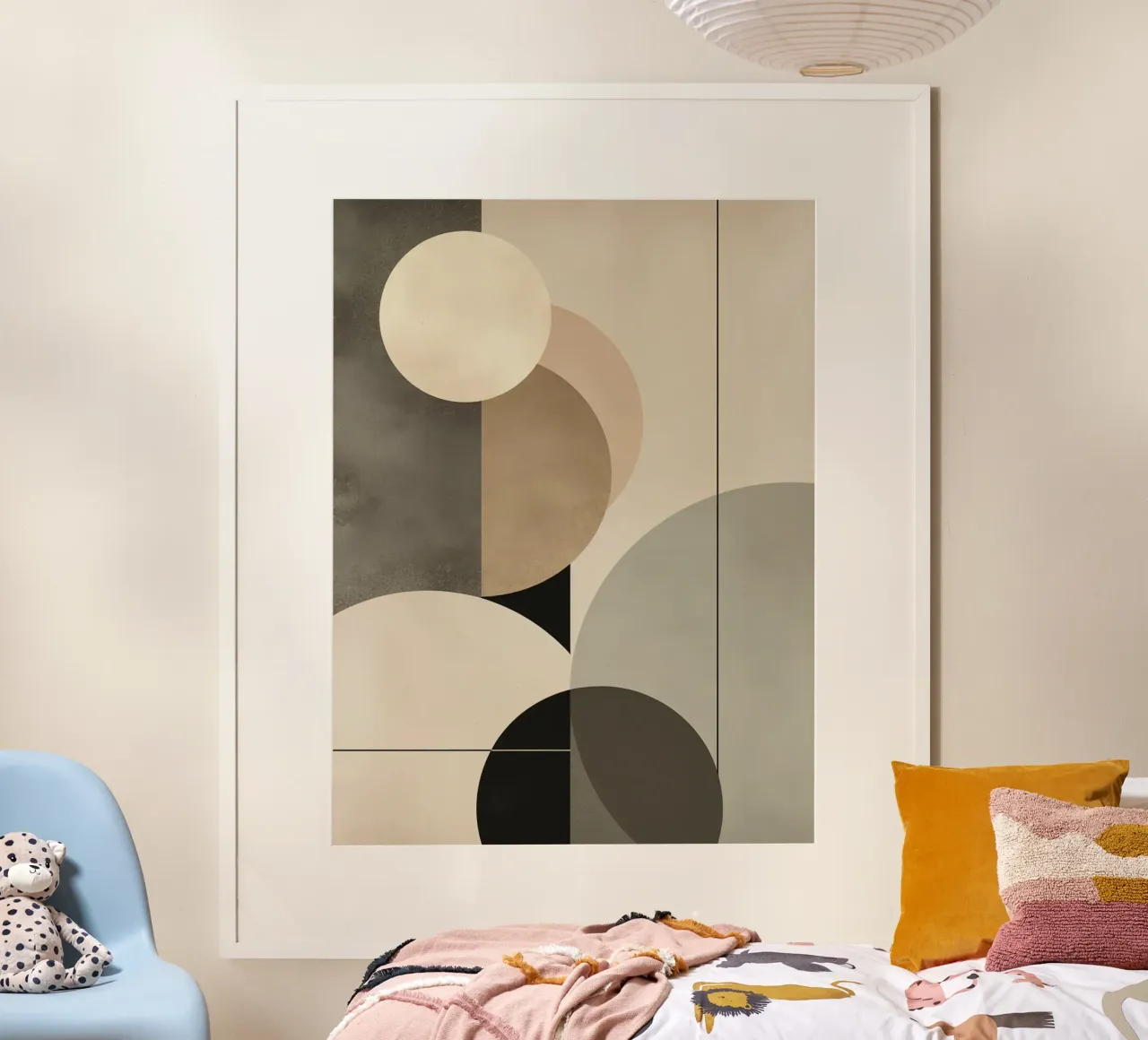 Composizione astratta di cerchi e forme geometriche poster con telaio in legno da DesignDoodle