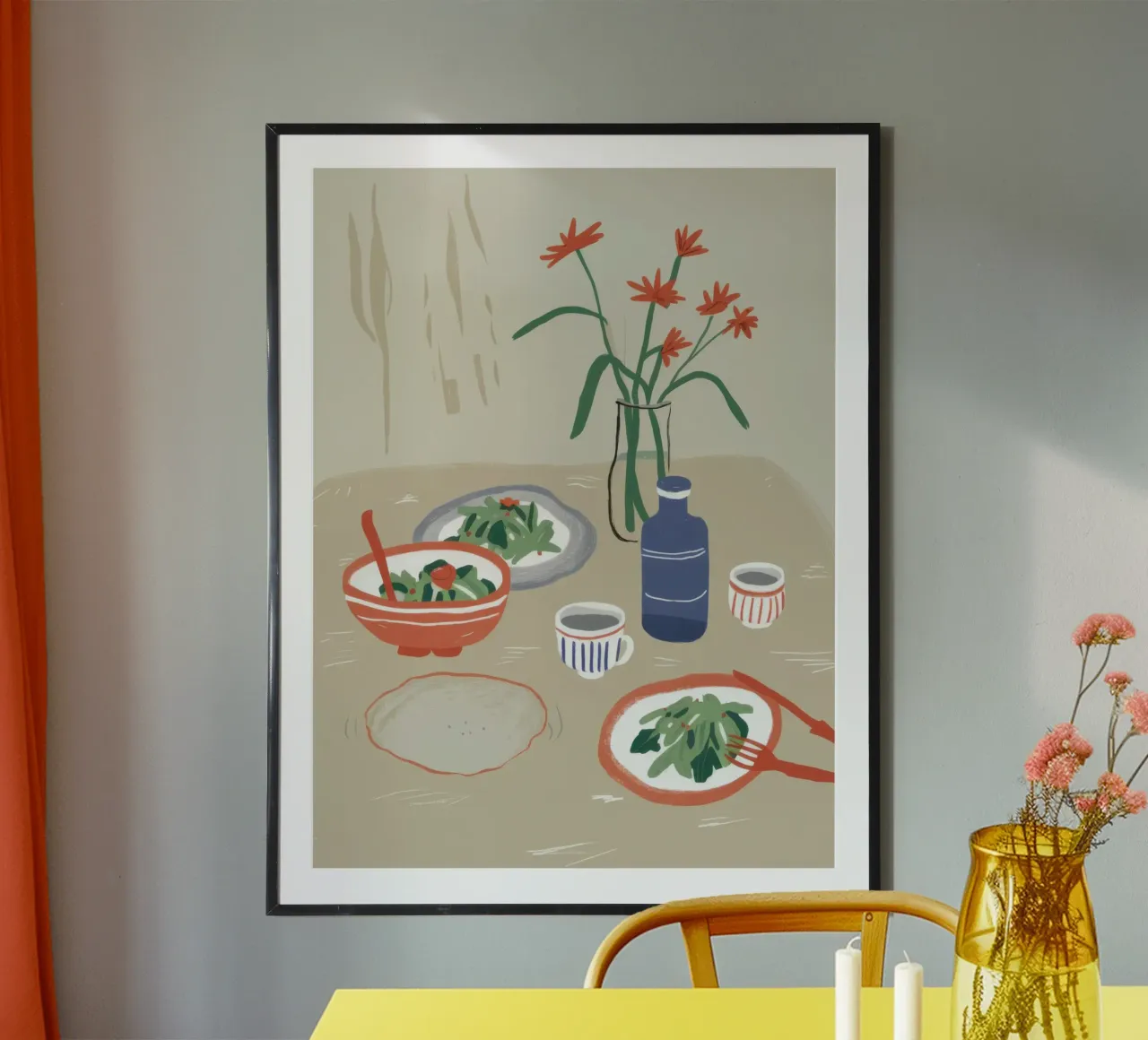 Un sereno pasto a base di noodle poster con telaio in alluminio da Bara Suara
