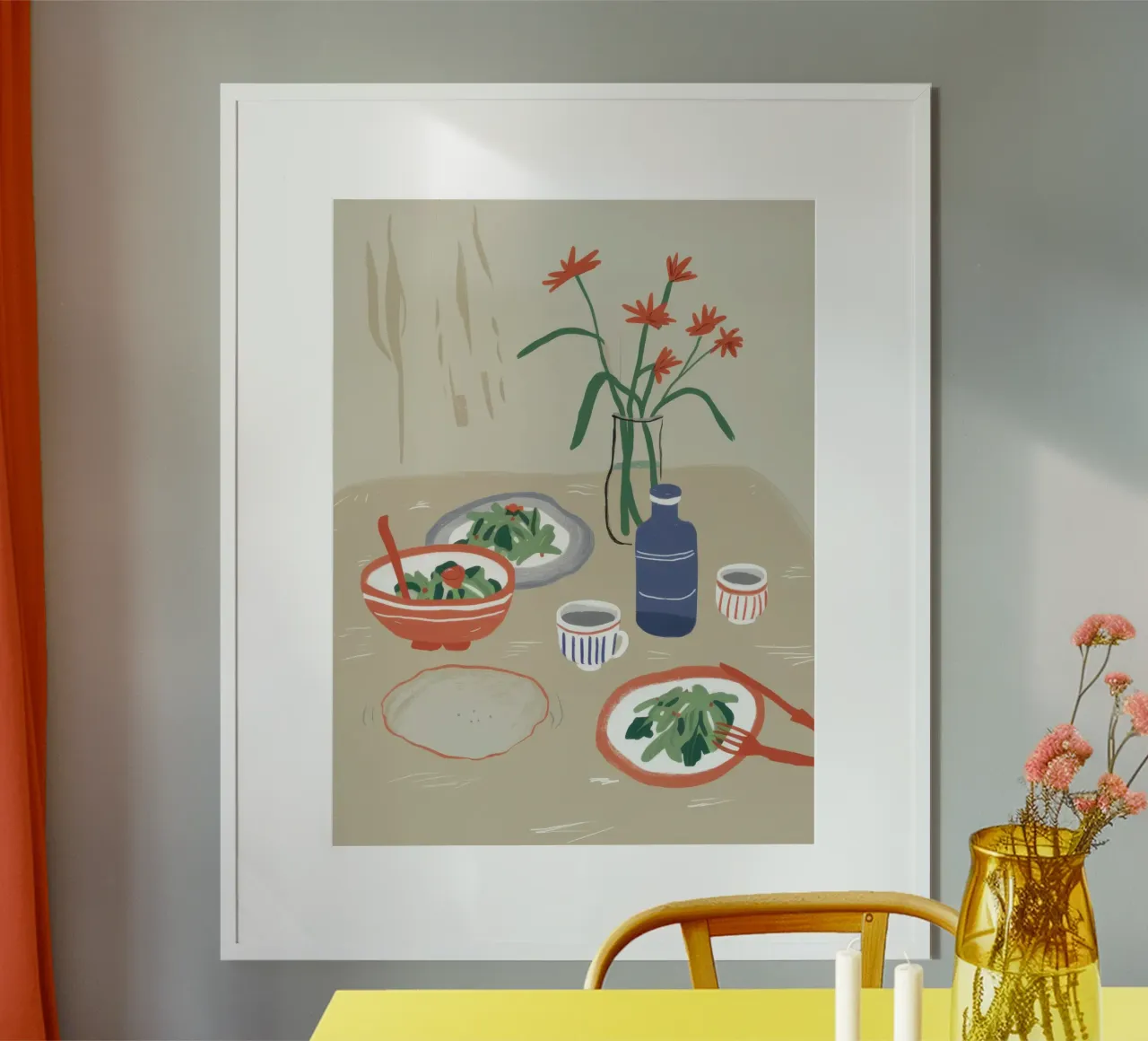 Un sereno pasto a base di noodle poster con telaio in alluminio da Bara Suara
