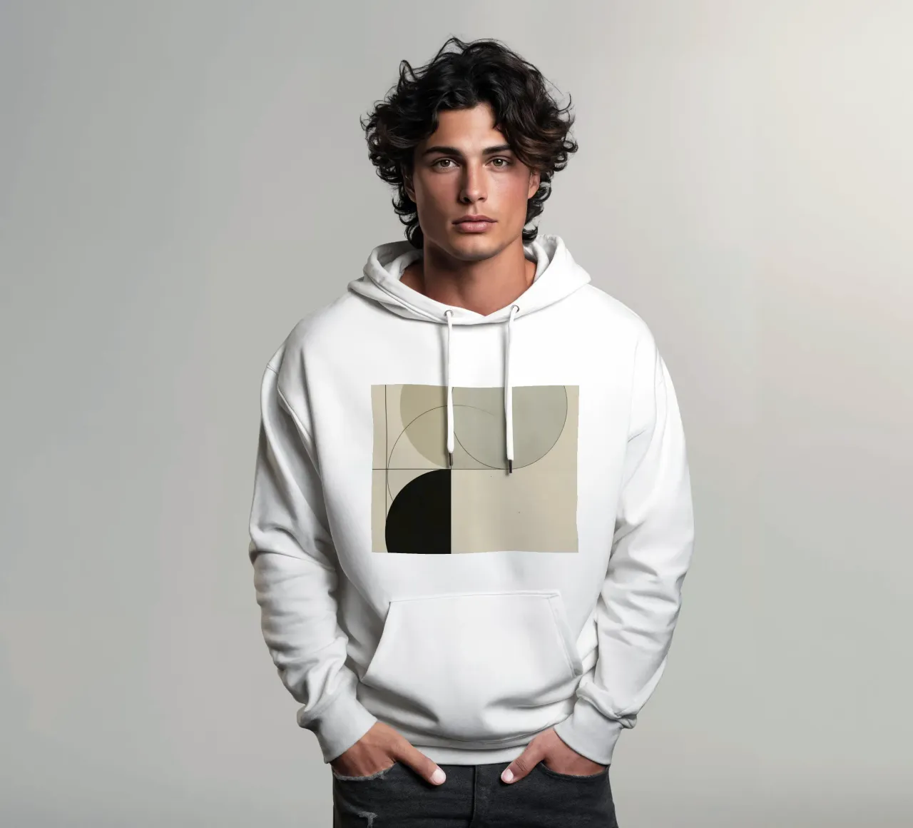 Composizione astratta di cerchi, quadrati e linee felpa con cappuccio da DesignDoodle