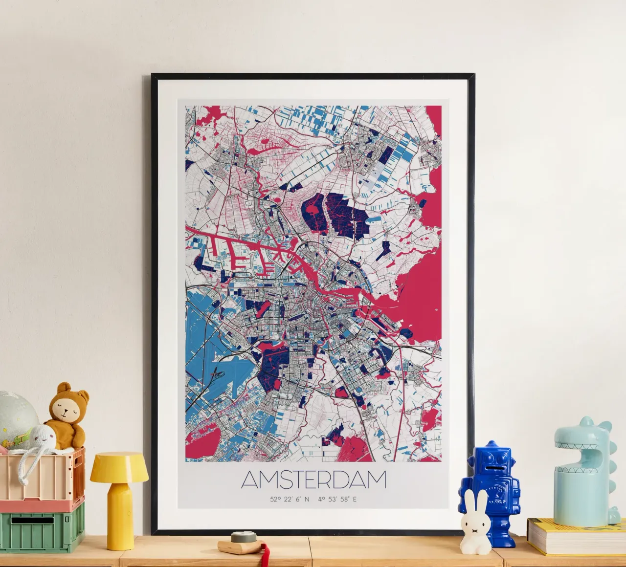 Amsterdam kunst poster - stadsplattegrond in modern ontwerp poster met kunststof frame van CityMapPoster