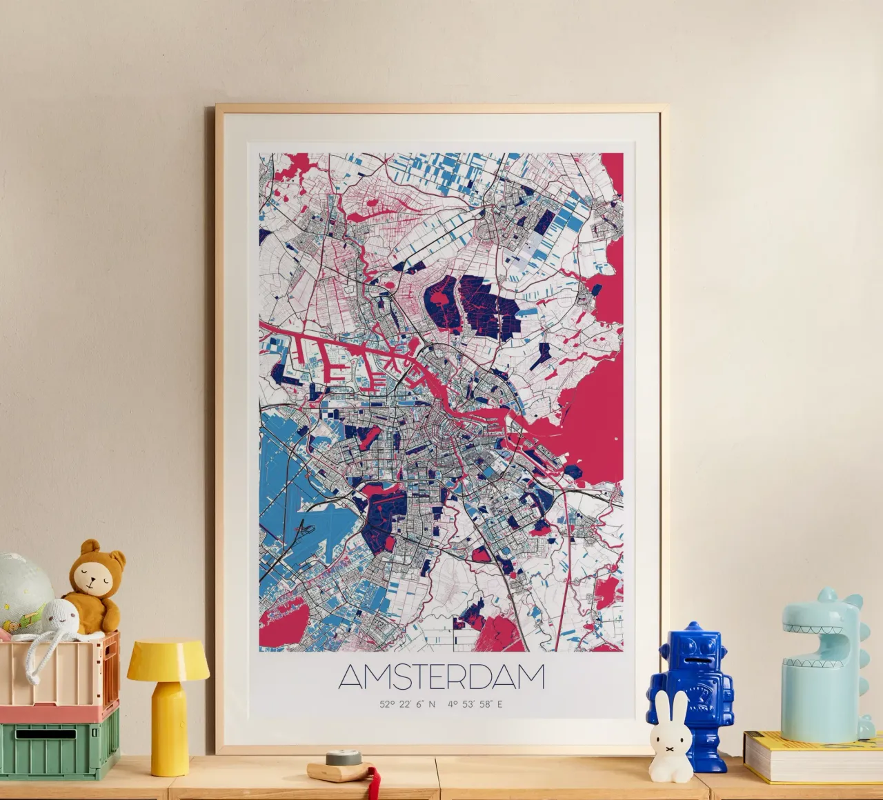 Amsterdam kunst poster - stadsplattegrond in modern ontwerp poster met kunststof frame van CityMapPoster