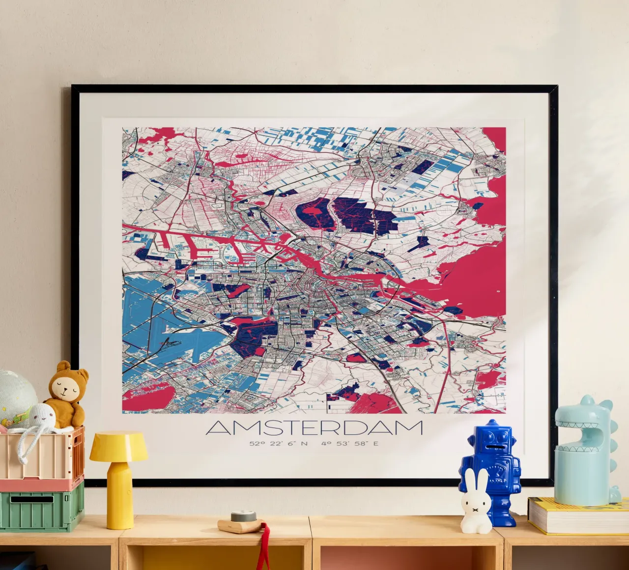 Amsterdam kunst poster - stadsplattegrond in modern ontwerp poster met kunststof frame van CityMapPoster