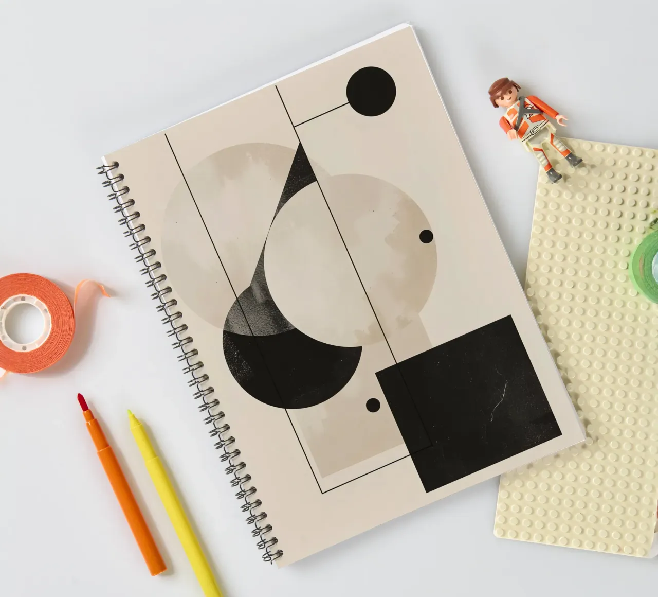 Abstract Geometric Arrangement with Circles Squares Lines spiral notebook by DesignDoodle