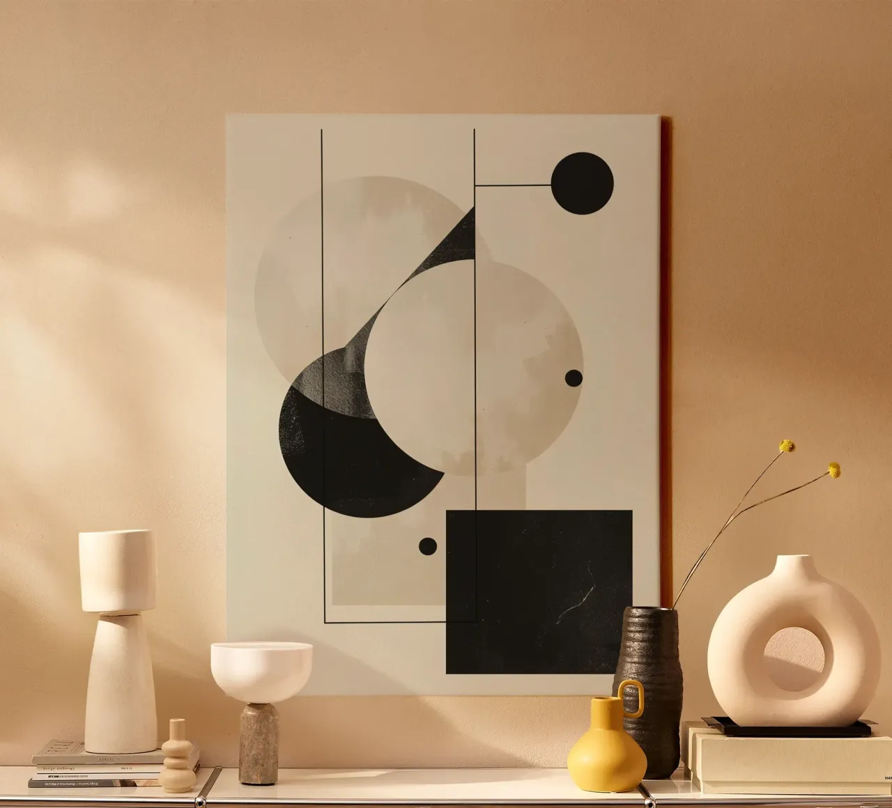 Abstract Geometrisch arrangement met cirkels vierkanten lijnen canvas met Baklijst van DesignDoodle