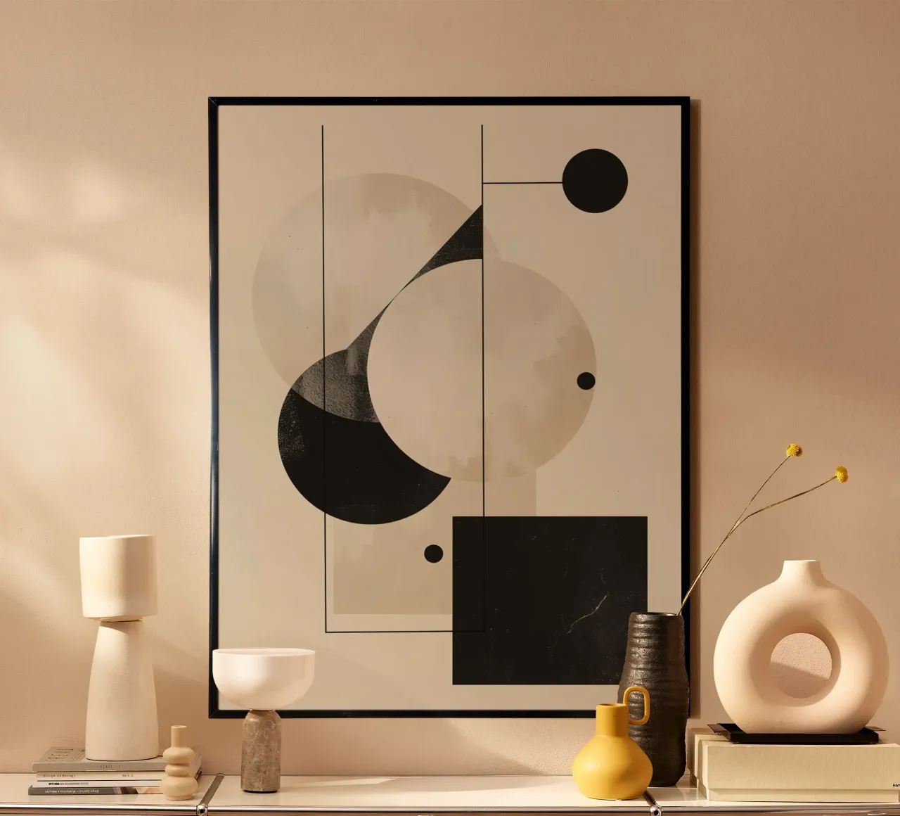 Abstract Geometric Arrangement with Circles Squares Lines poster with plastic frame by DesignDoodle