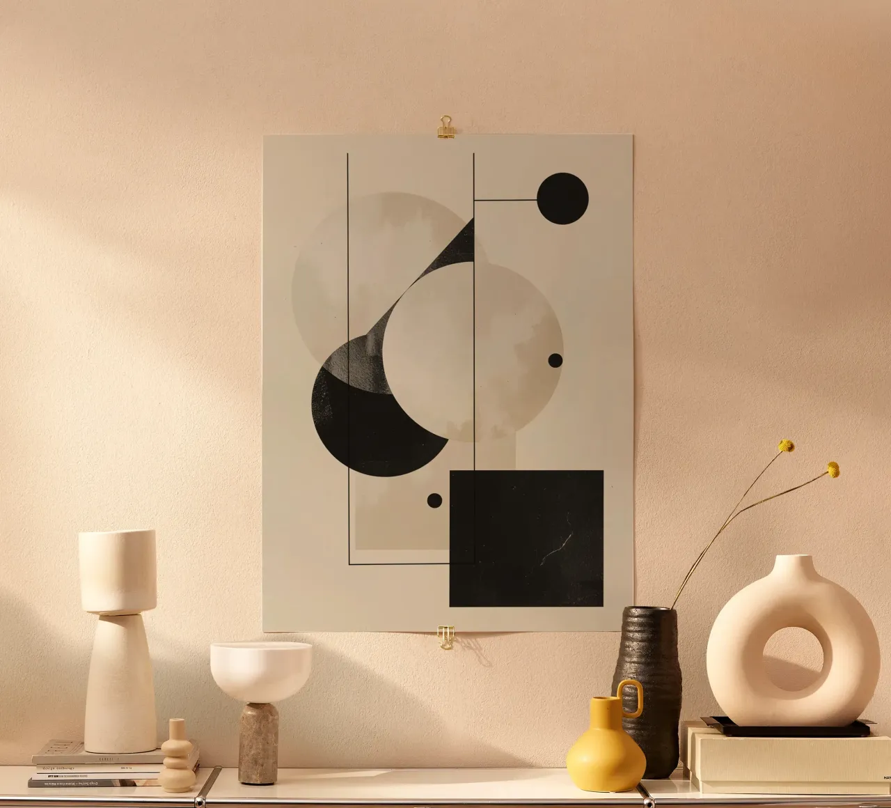 Abstract Geometric Arrangement with Circles Squares Lines poster with plastic frame by DesignDoodle