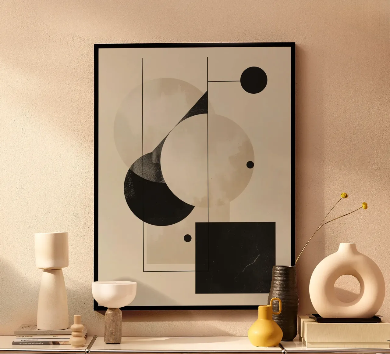 Abstract Geometric Arrangement with Circles Squares Lines poster with plastic frame by DesignDoodle
