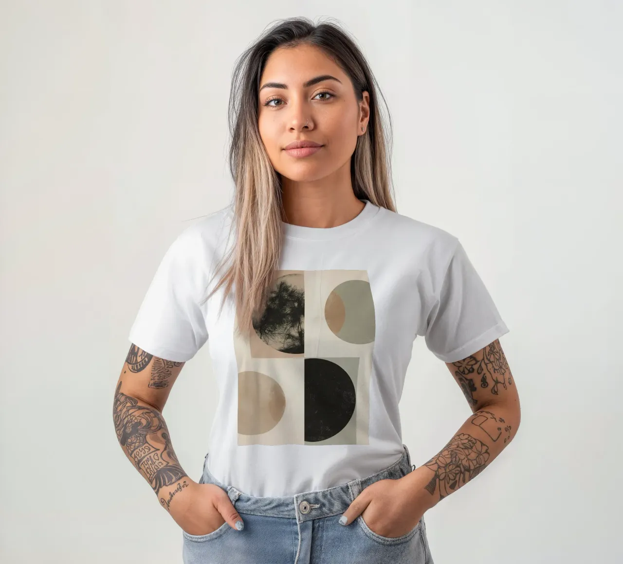 Abstract Geometric Design with Circles Squares and Tree t-shirt by DesignDoodle