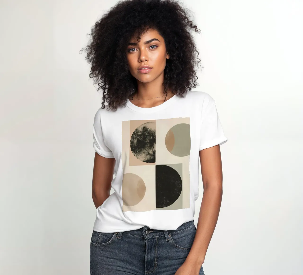 Abstract Geometric Design with Circles Squares and Tree women's fitted t-shirt by DesignDoodle