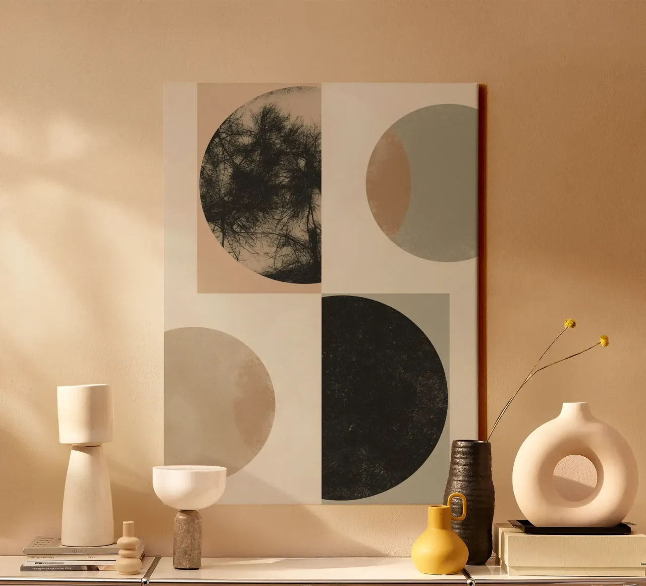 Abstract Geometric Design with Circles Squares and Tree canvas with Floater frame by DesignDoodle