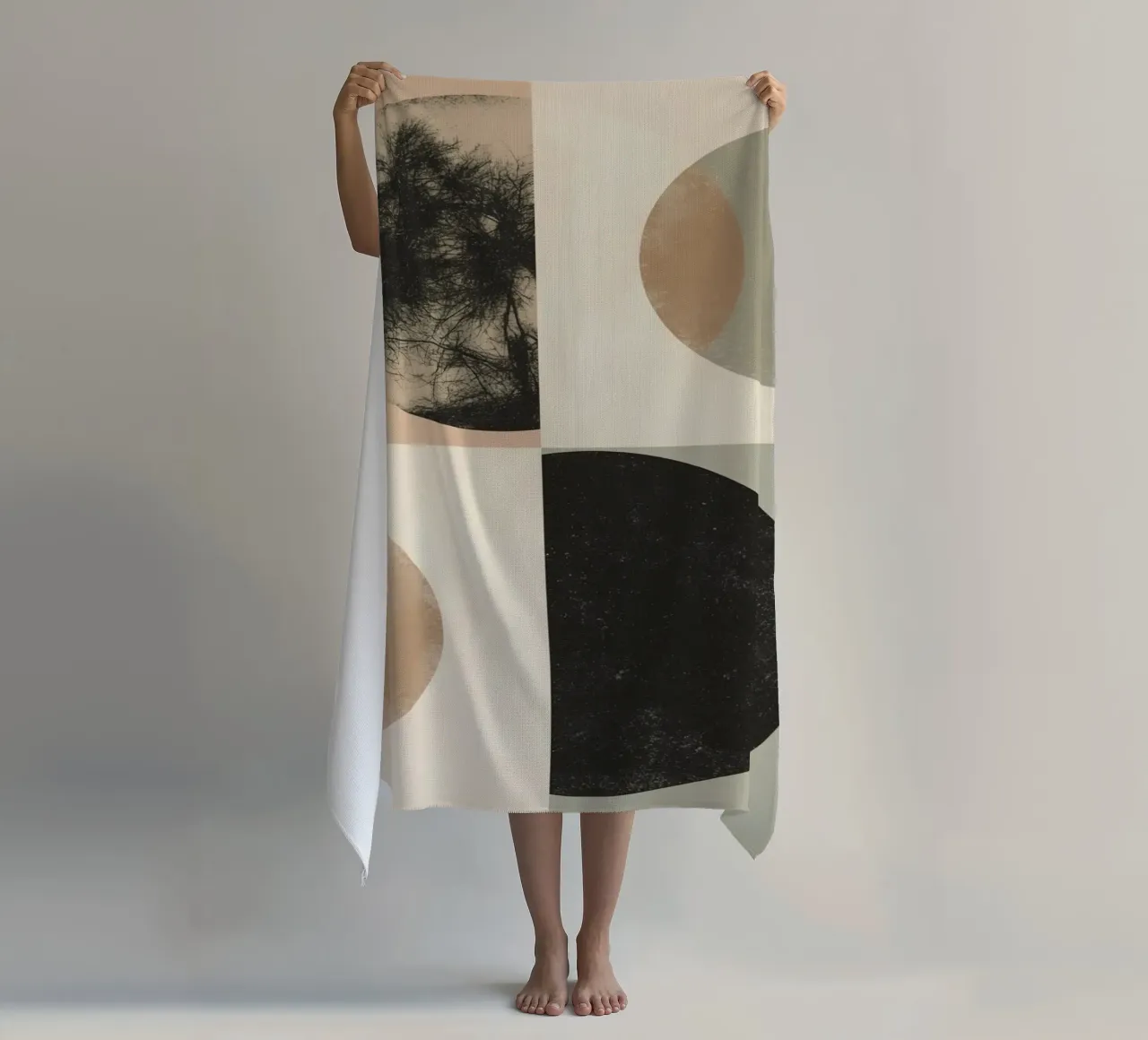 Abstract Geometric Design with Circles Squares and Tree beach towel by DesignDoodle