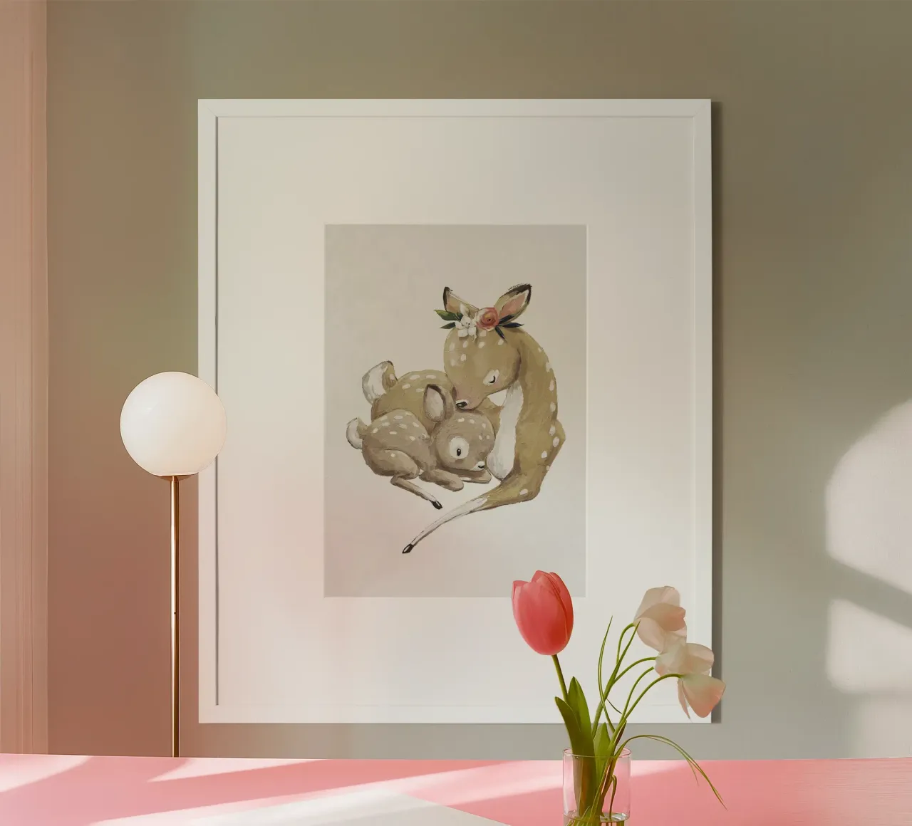 Mamma e cucciolo di cervo poster con telaio in legno da muench benjamin