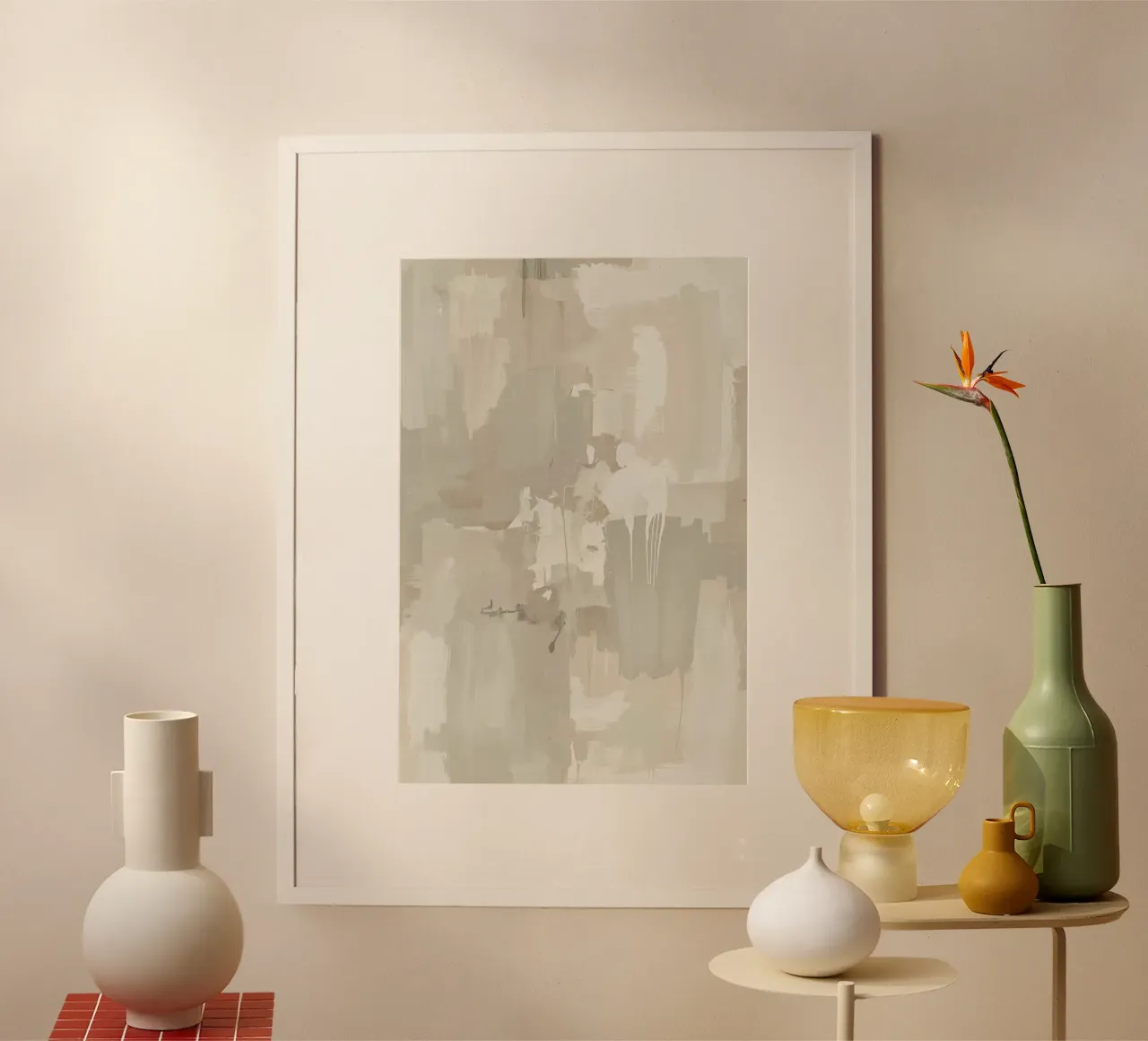 Abstract Painting with Beige Gray and White Rectangles poster with wooden frame by DesignDoodle