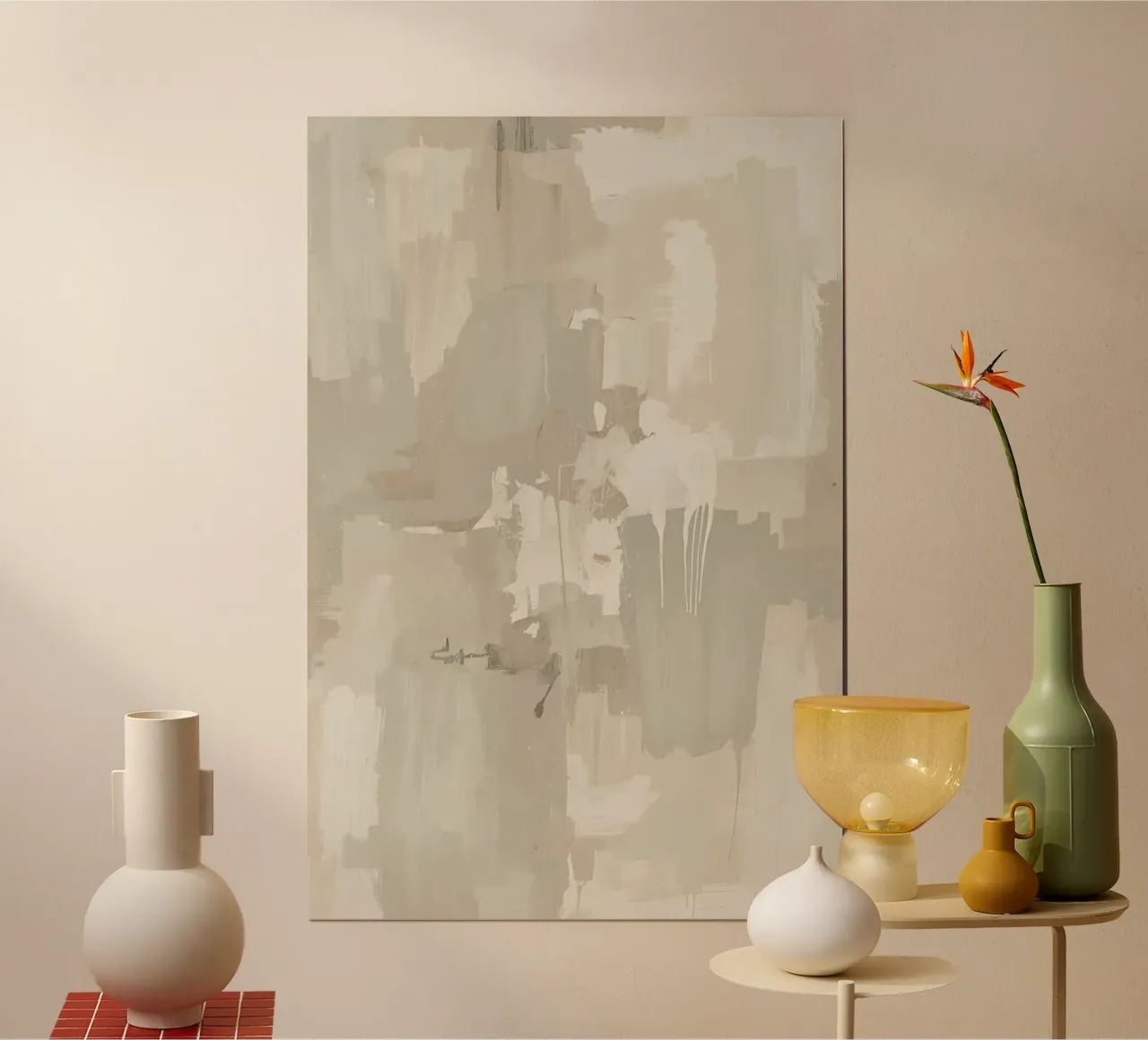 Abstract Painting with Beige Gray and White Rectangles poster with wooden frame by DesignDoodle
