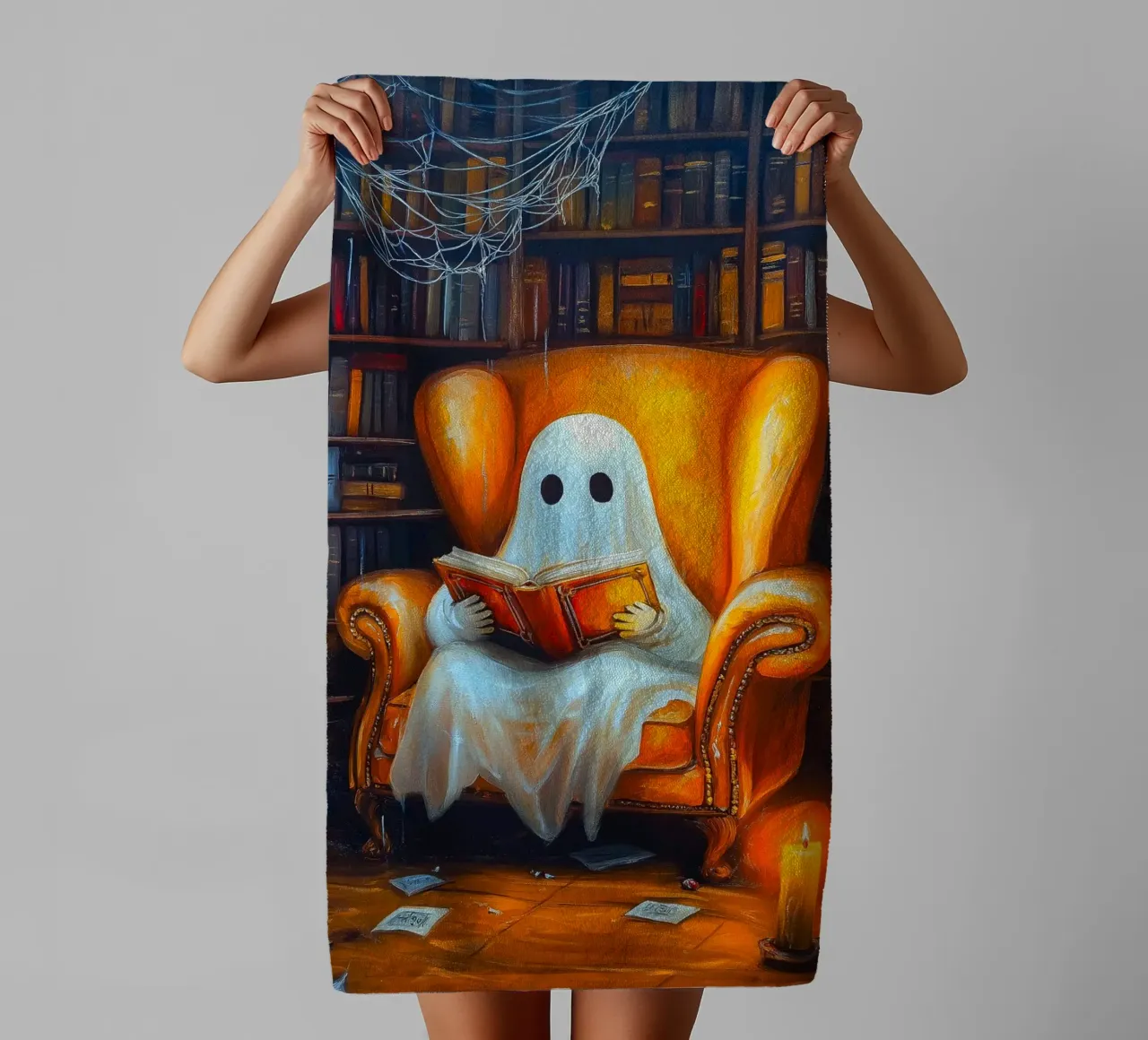 Halloween Ghost Reading Book in Armchair Library towel by Fleur de Lys