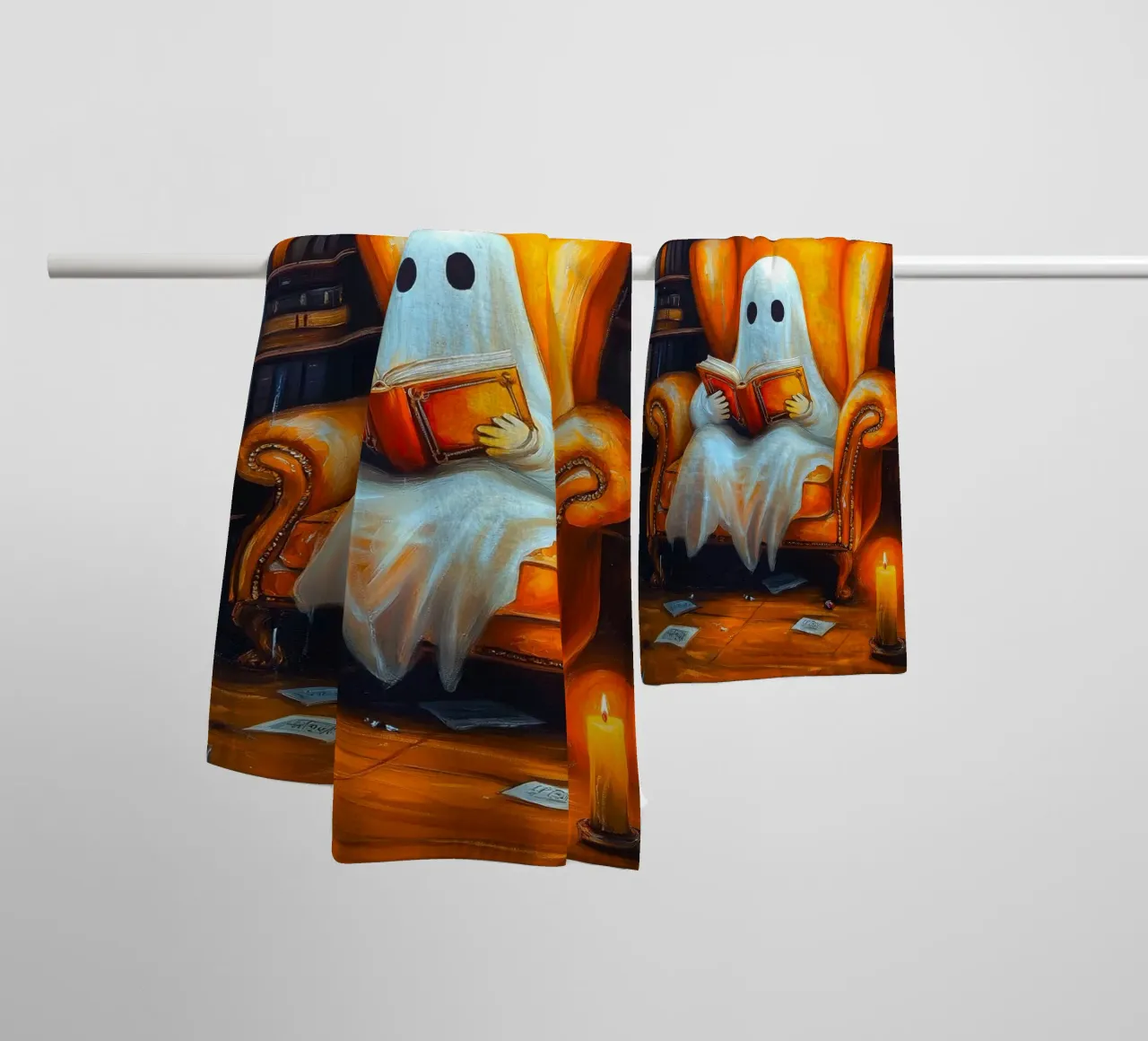 Halloween Ghost Reading Book in Armchair Library towel by Fleur de Lys