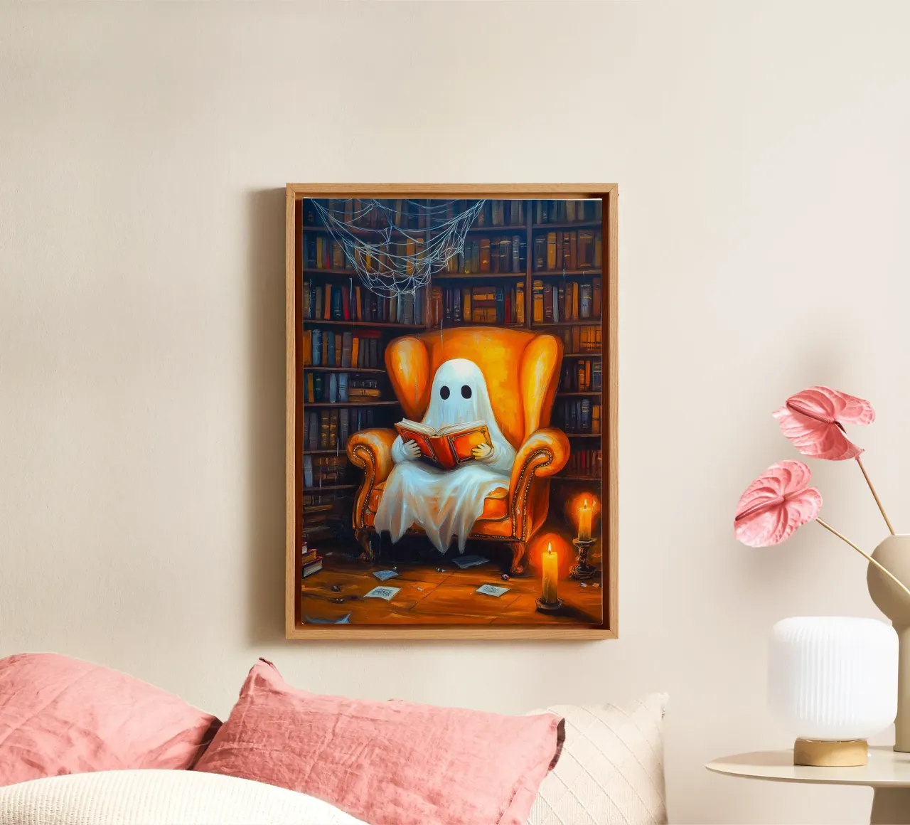 Halloween Ghost Reading Book in Armchair Library canvas with Floater frame by Fleur de Lys