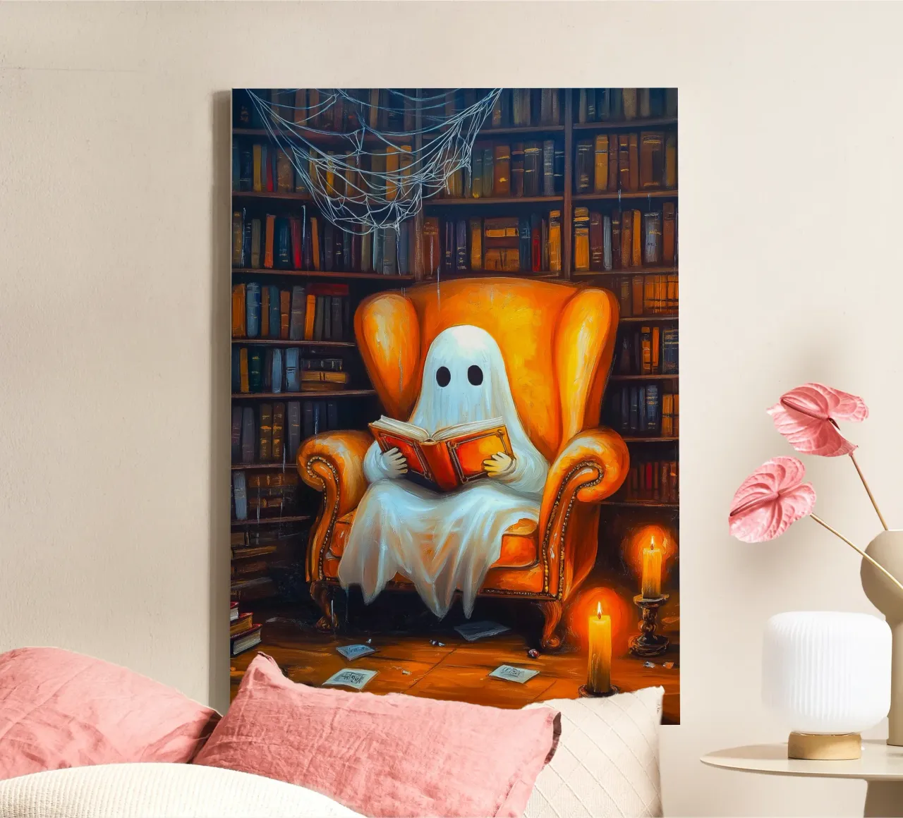 Halloween Ghost Reading Book in Armchair Library canvas with Floater frame by Fleur de Lys