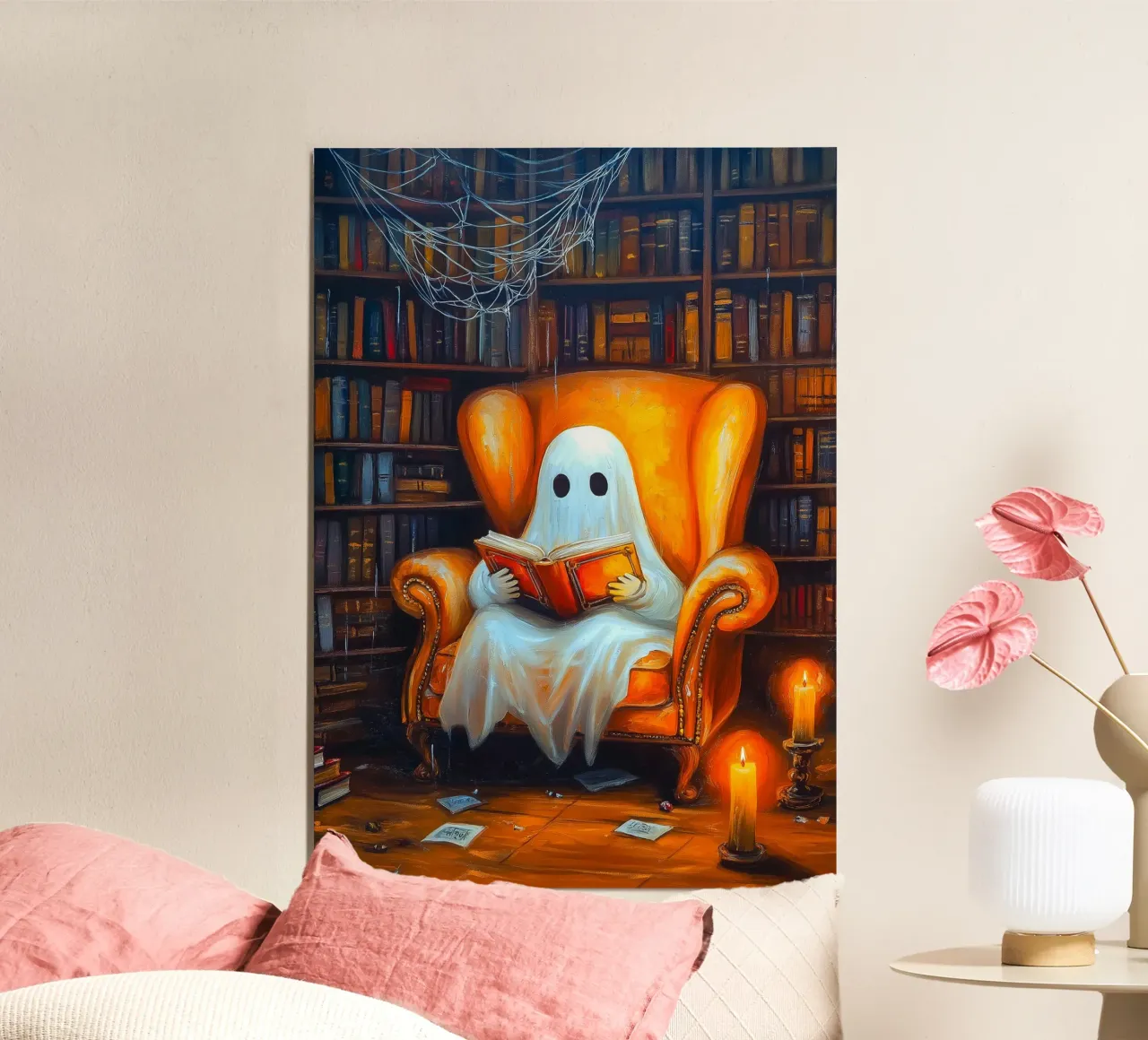 Libro di lettura dei fantasmi di Halloween nella Biblioteca delle Poltrone poster con telaio in legno da Fleur de Lys