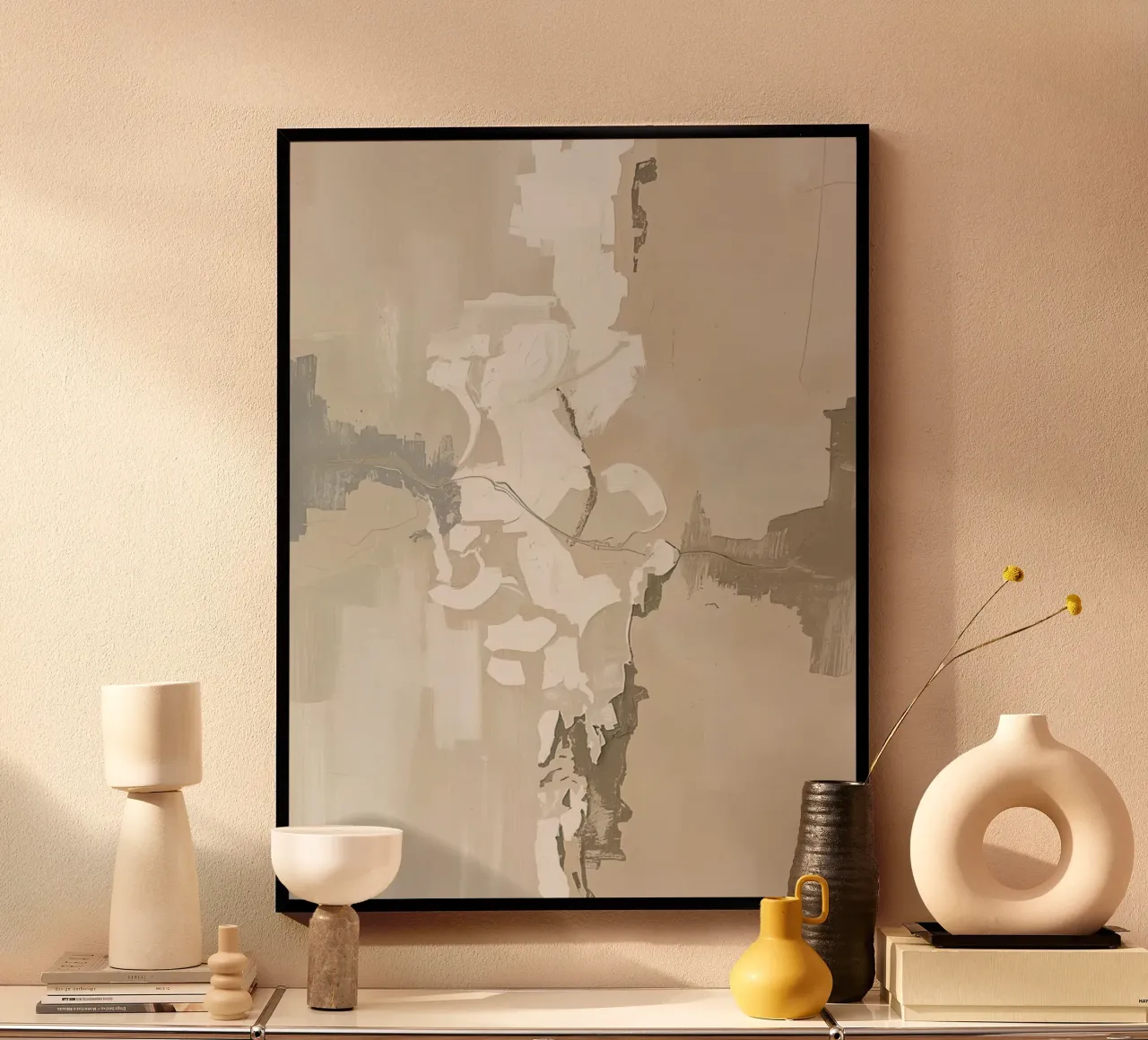 Pittura astratta con pennellate beige, bianche e grigie poster con telaio in plastica da DesignDoodle