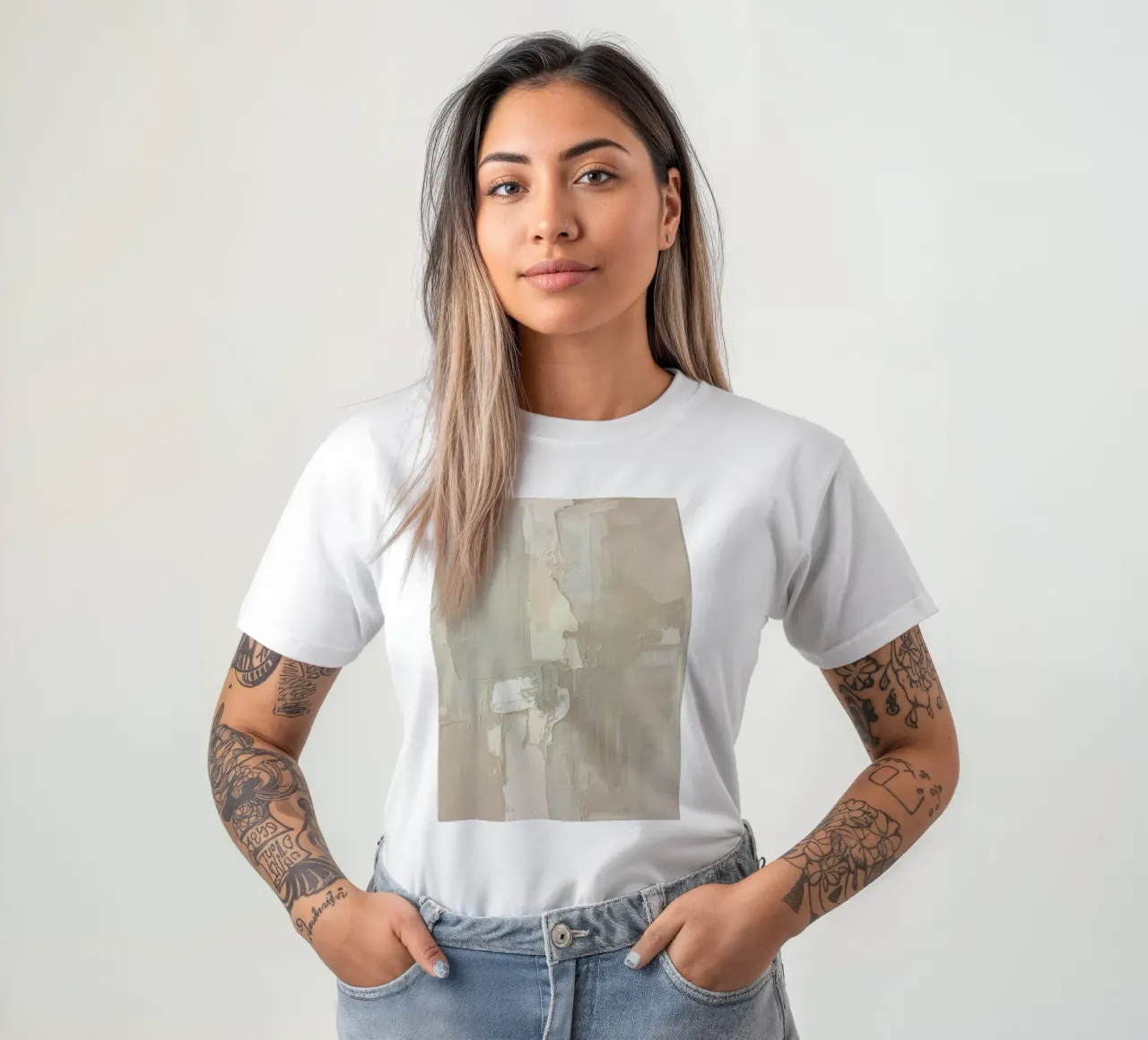Pittura astratta con pennellate bianche e beige strutturate t-shirt da DesignDoodle
