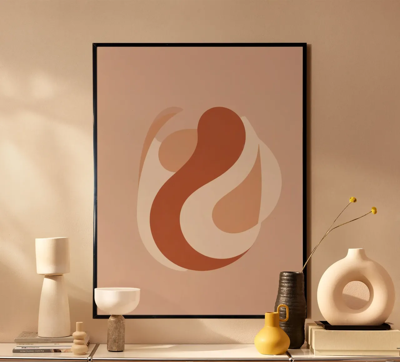 Abstract Rounded Shapes Beige and Brown poster with aluminum frame by DesignDoodle
