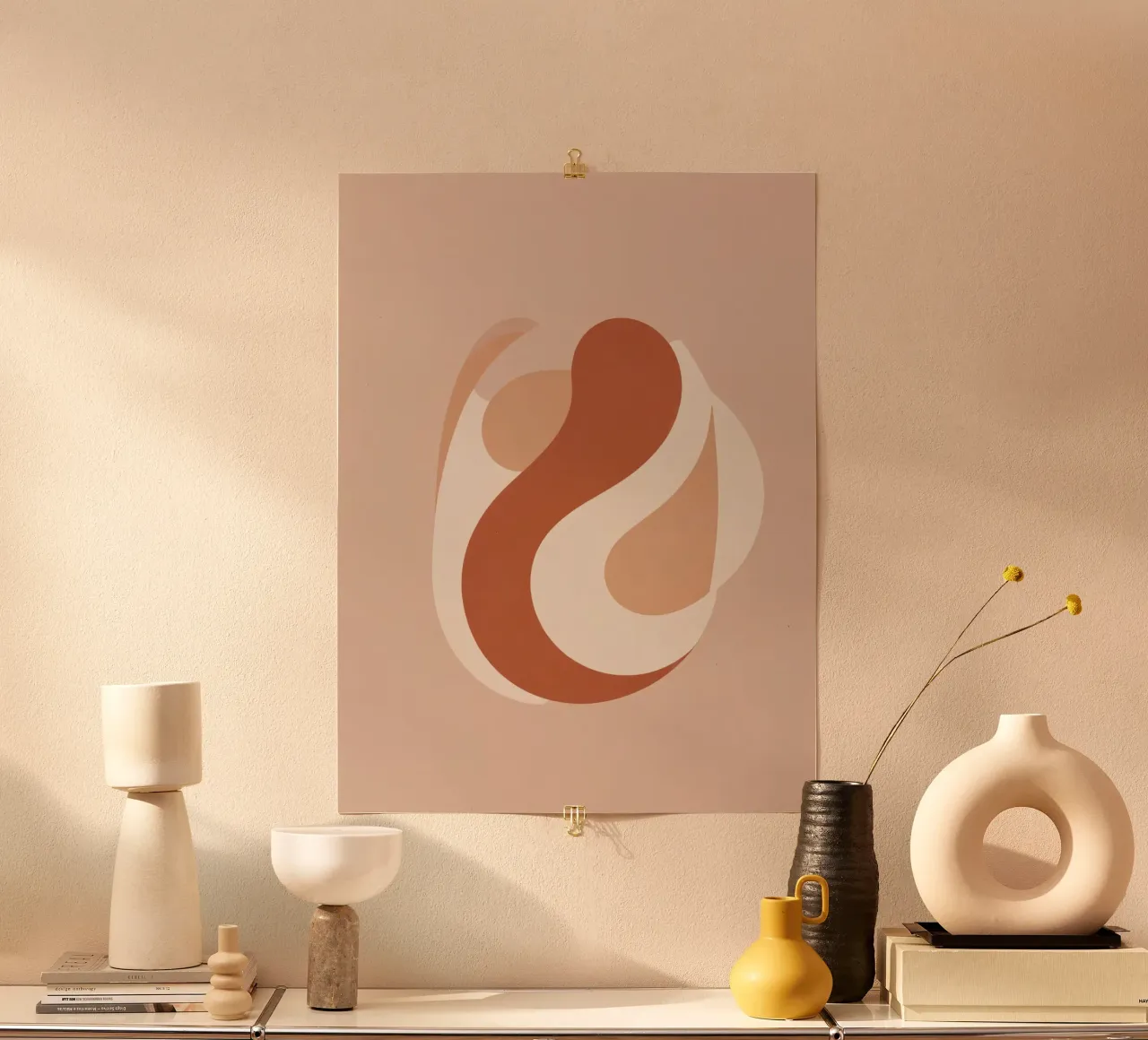 Abstract Rounded Shapes Beige and Brown poster with aluminum frame by DesignDoodle