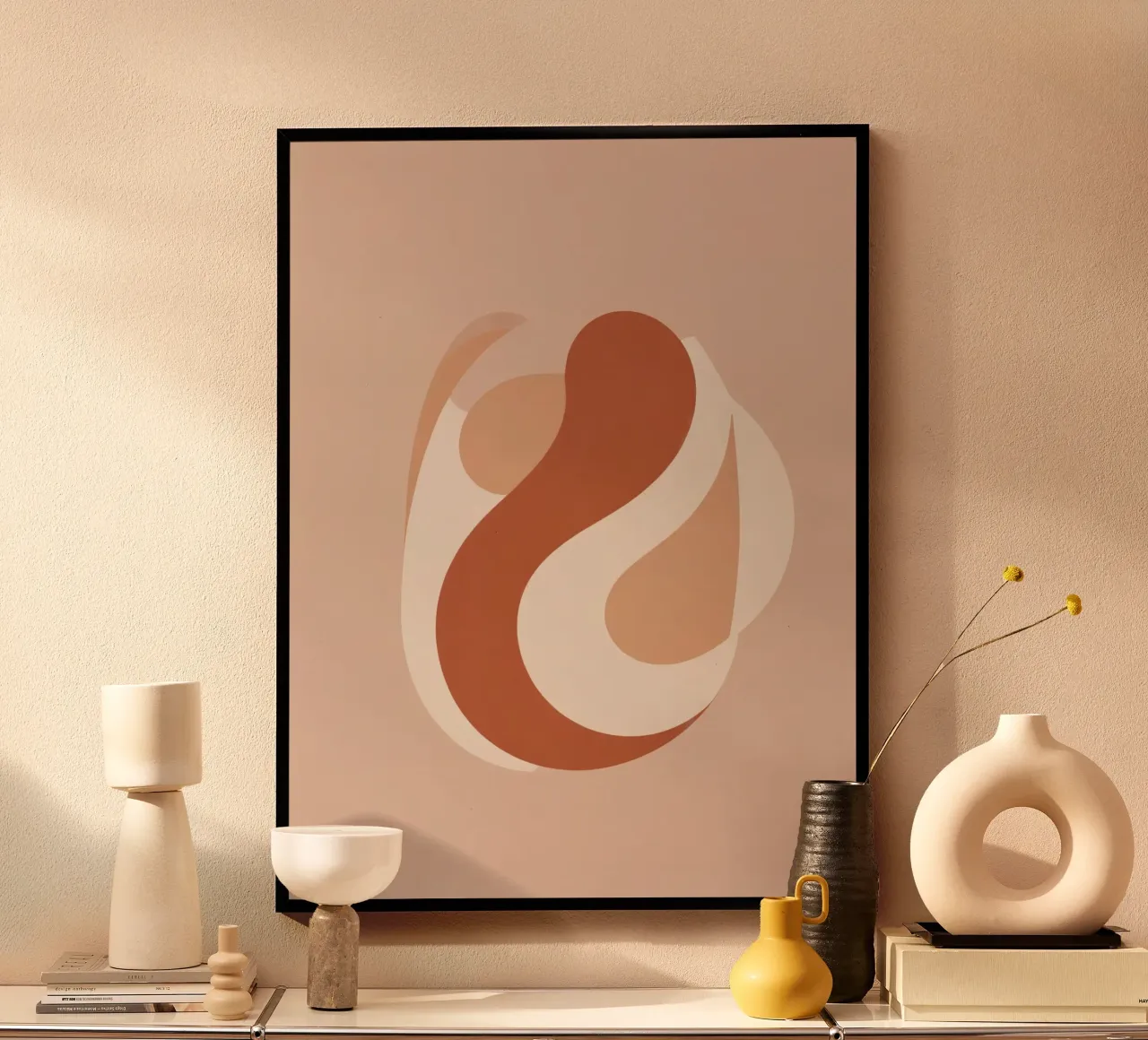 Abstract Rounded Shapes Beige and Brown poster with aluminum frame by DesignDoodle