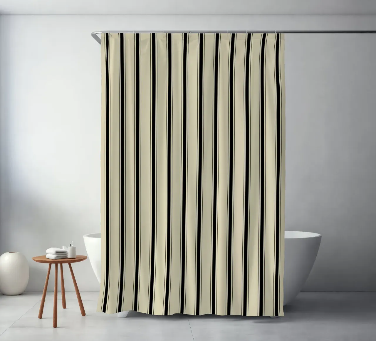 Minimal Farmhouse Basic Strisce miste | Nero su beige tenda da doccia da Beauty in Simplicity